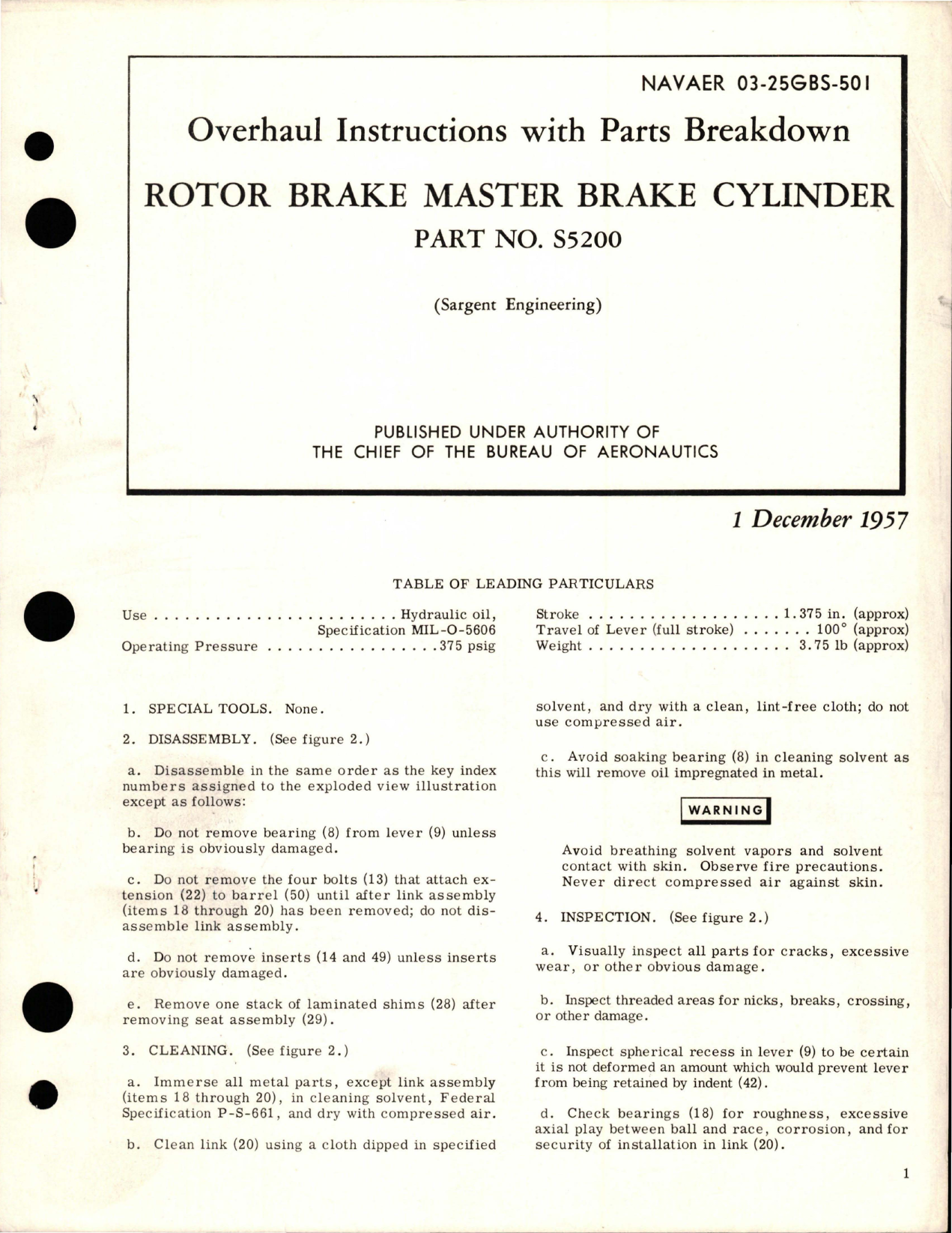 Sample page 1 from AirCorps Library document: Overhaul Instructions with Parts Breakdown for Rotor Brake Master Brake Cylinder - Part S5200