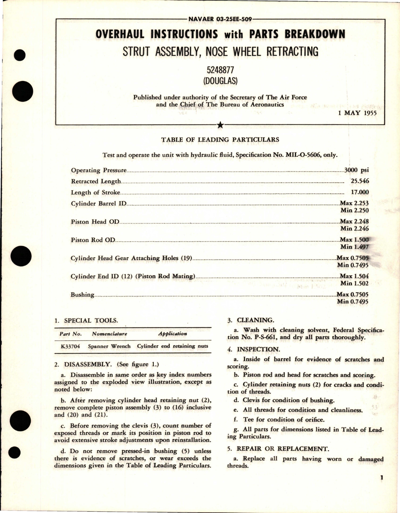 Sample page 1 from AirCorps Library document: Overhaul Instructions with Parts Breakdown for Nose Wheel Retracting Strut Assembly - 5248877