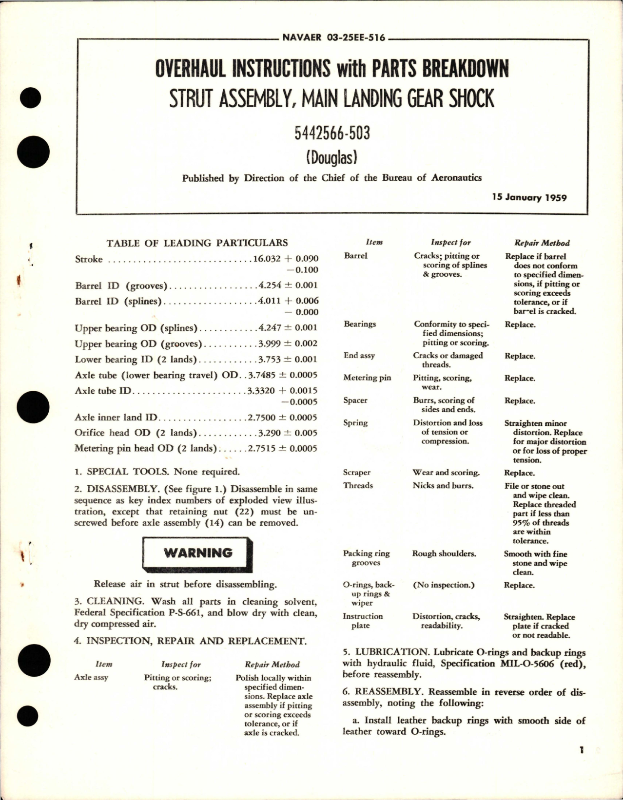 Sample page 1 from AirCorps Library document: Overhaul Instructions with Parts Breakdown for Main Landing Gear Shock Strut Assembly - 5442566-503