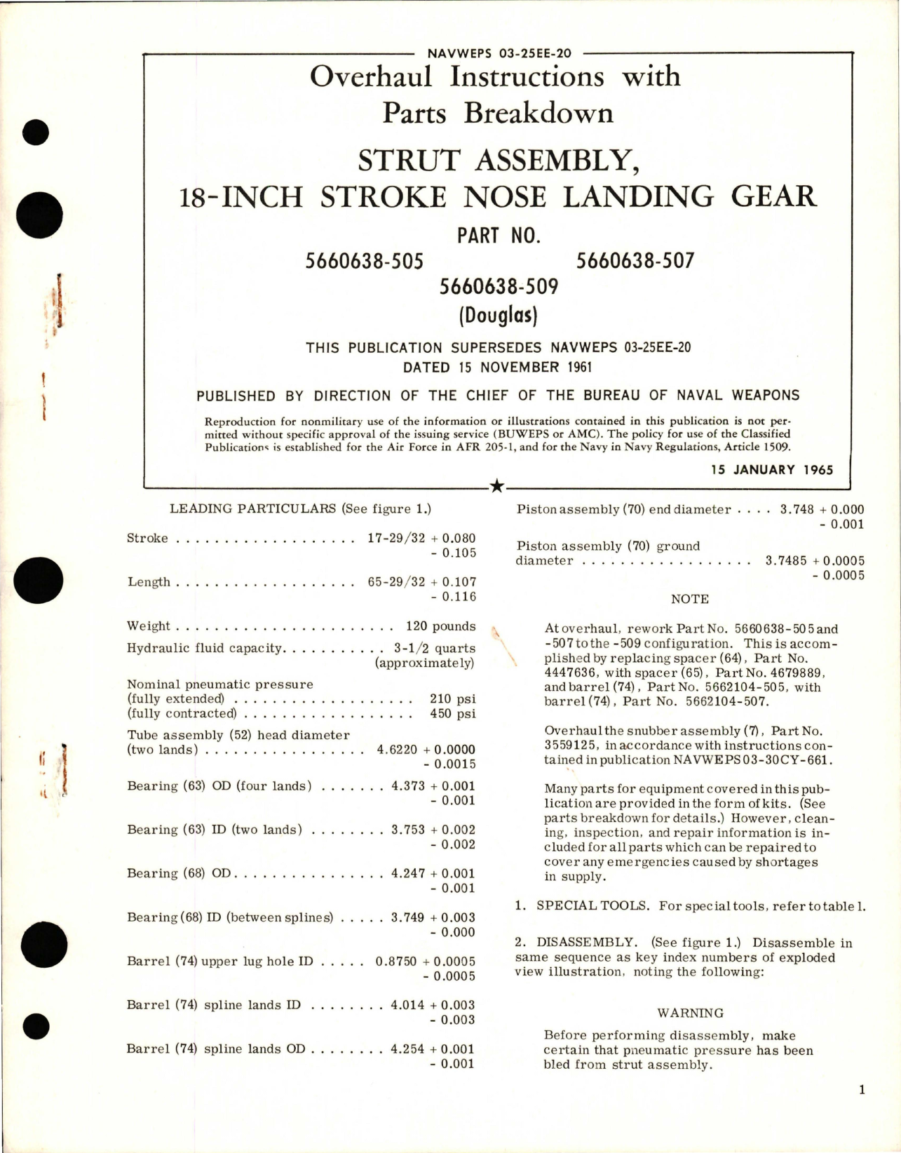 Sample page 1 from AirCorps Library document: Overhaul Instructions with Parts Breakdown for 18-Inch Stroke Nose Landing Gear Strut Assembly - Part 5660638-505, 5660638-507, and 5660638-509
