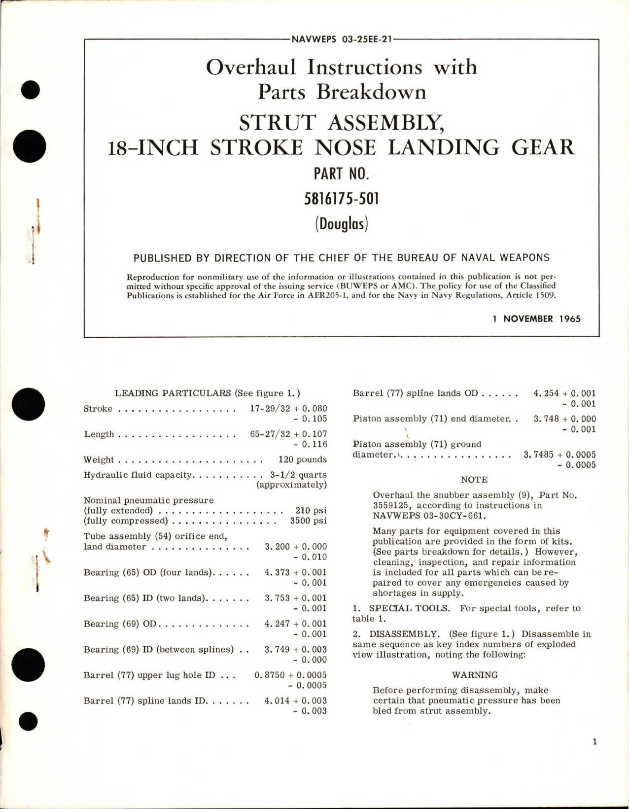 Sample page 1 from AirCorps Library document: Overhaul Instructions with Parts Breakdown for 18-Inch Stroke Nose Landing Gear Strut Assembly - Part 5816175-501