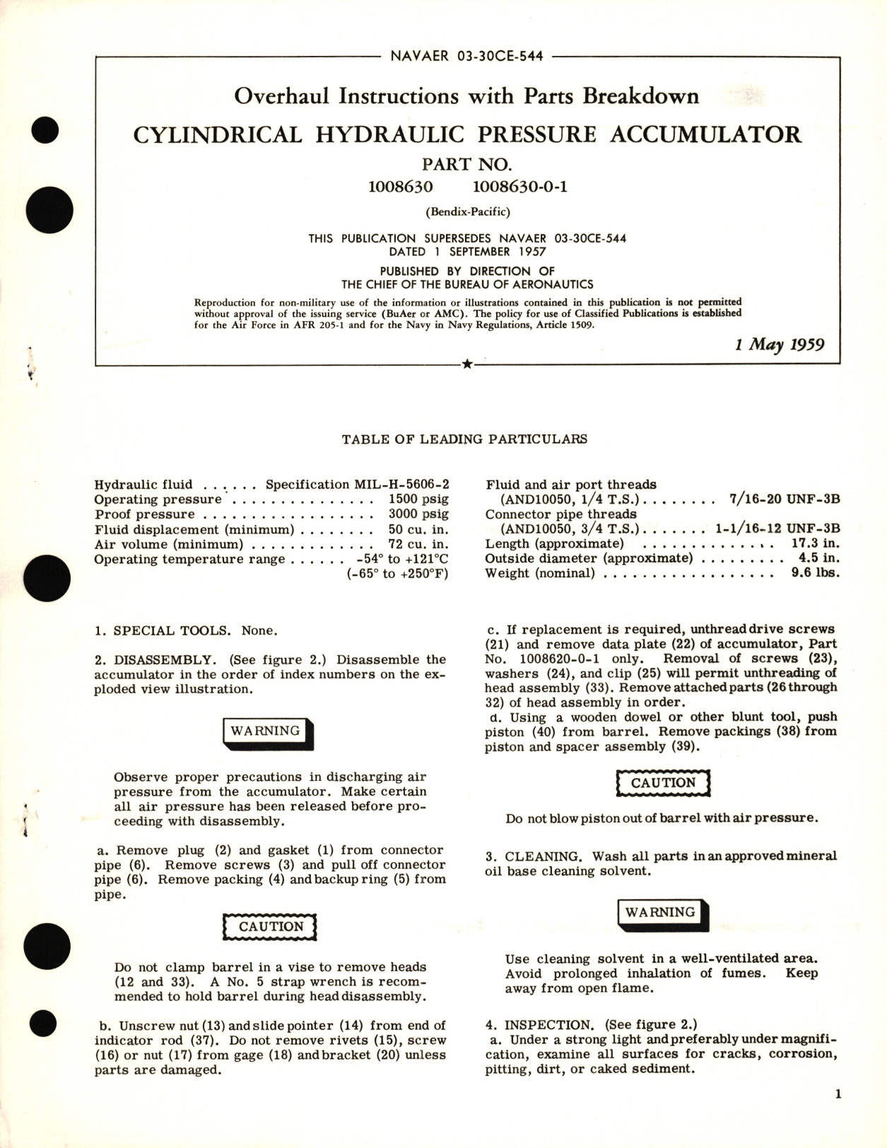 Sample page 1 from AirCorps Library document: Overhaul Instructions with Parts Breakdown for Cylindrical Hydraulic Pressure Accumulator Part No.1008630