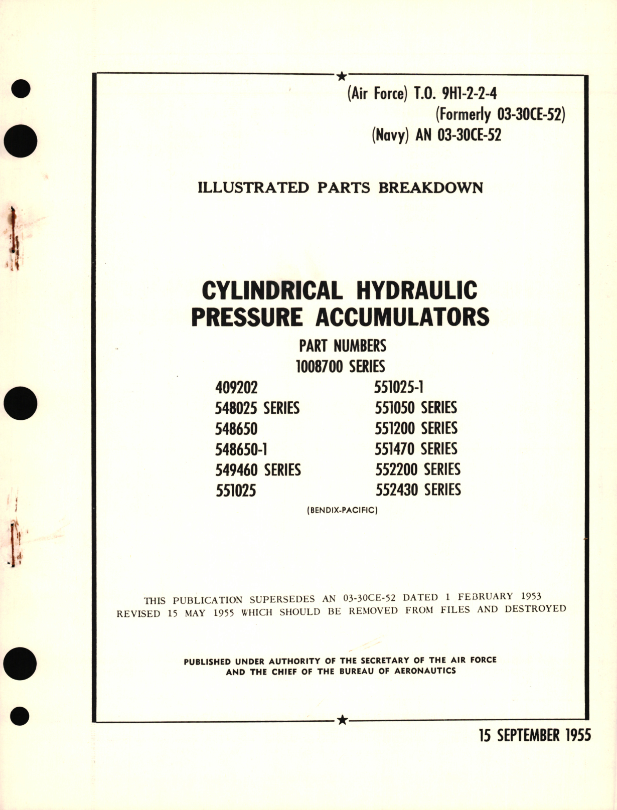 Sample page 1 from AirCorps Library document: Illustrated Parts Breakdown for Cylindrical Hydraulic Pressure Accumulators Part No. 1008700 Series, 409202, 548025, 548650, 549460, 551025, 551050, 551200, 551470, 552200, 552430 Series