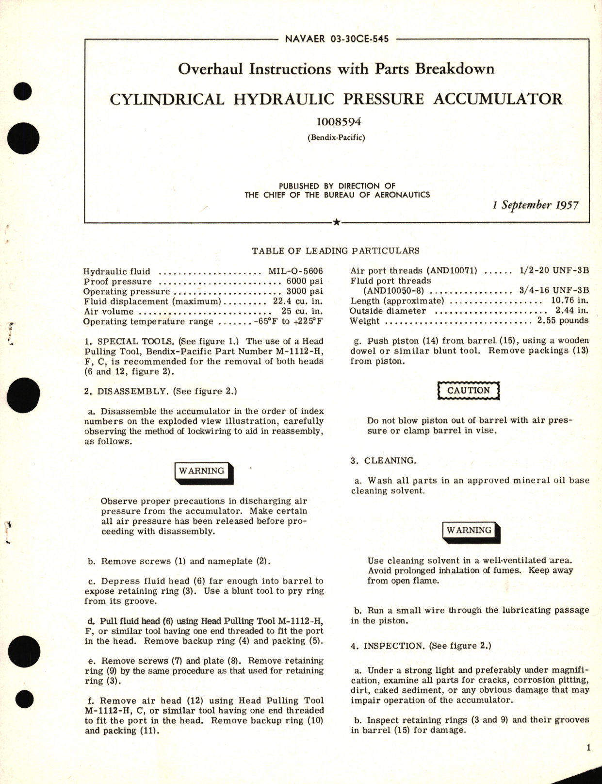 Sample page 1 from AirCorps Library document: Overhaul Instructions with Parts Breakdown for Cylindrical Hydraulic Pressure Accumulator 1009594 