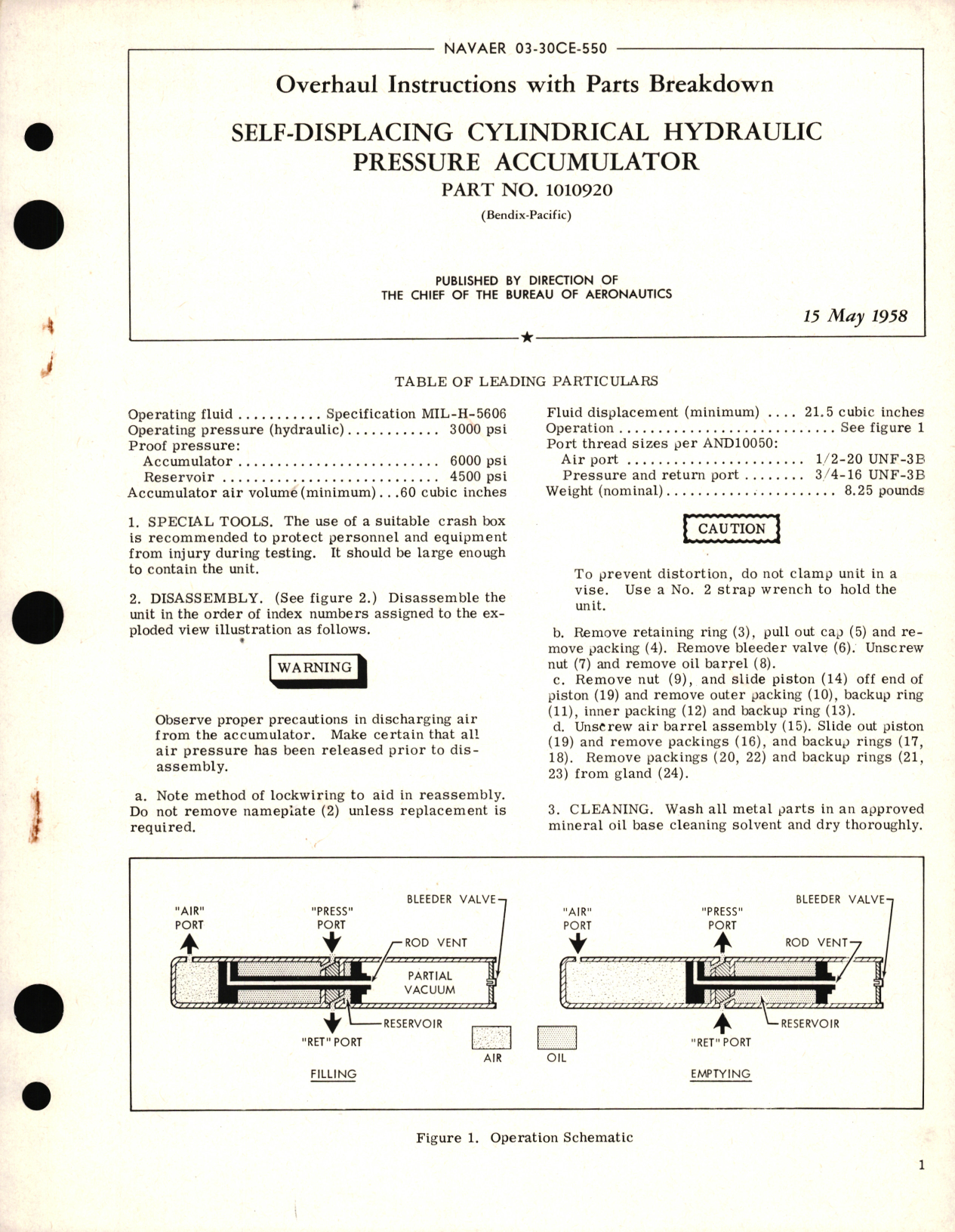 Sample page 1 from AirCorps Library document: Overhaul Instructions with Parts Breakdown for Self-Displacing Cylindrical Hydraulic Pressure Accumulator Part No. 1010920 