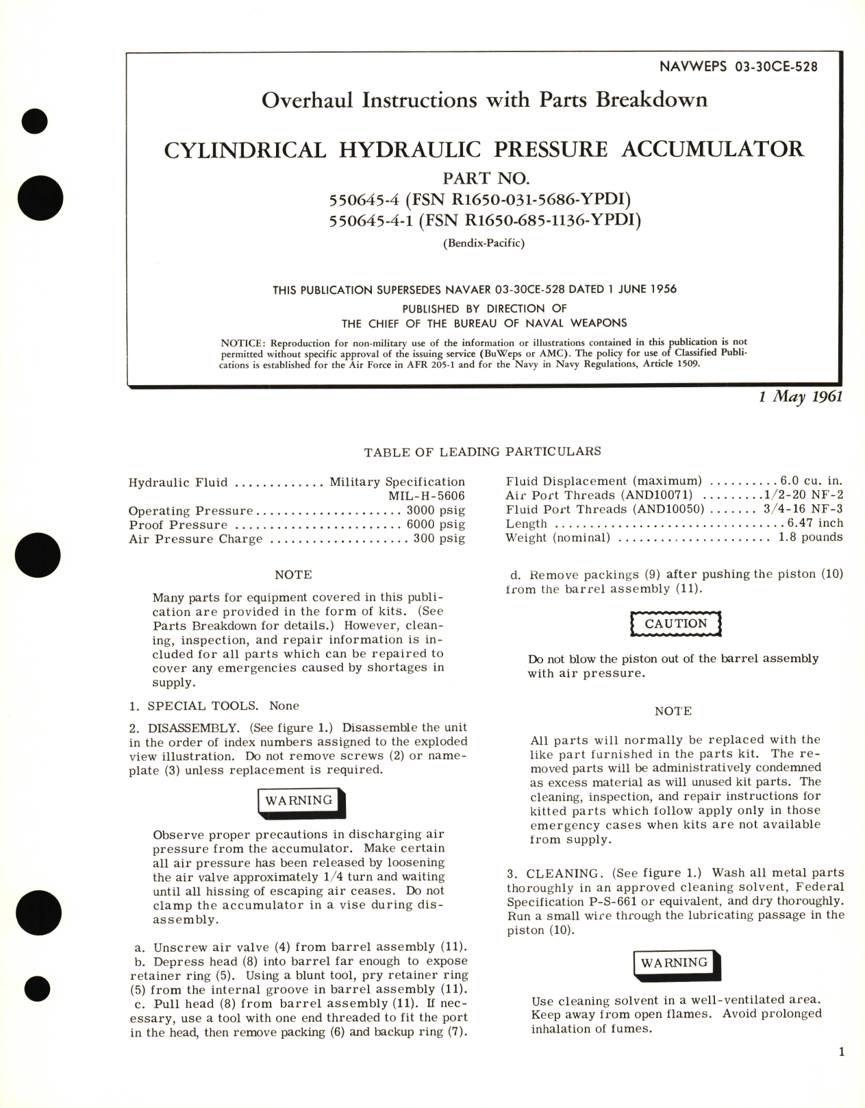 Sample page 1 from AirCorps Library document: Overhaul Instructions with Parts Breakdown for Cylindrical Hydraulic Pressure Accumulator Part No. 550645 