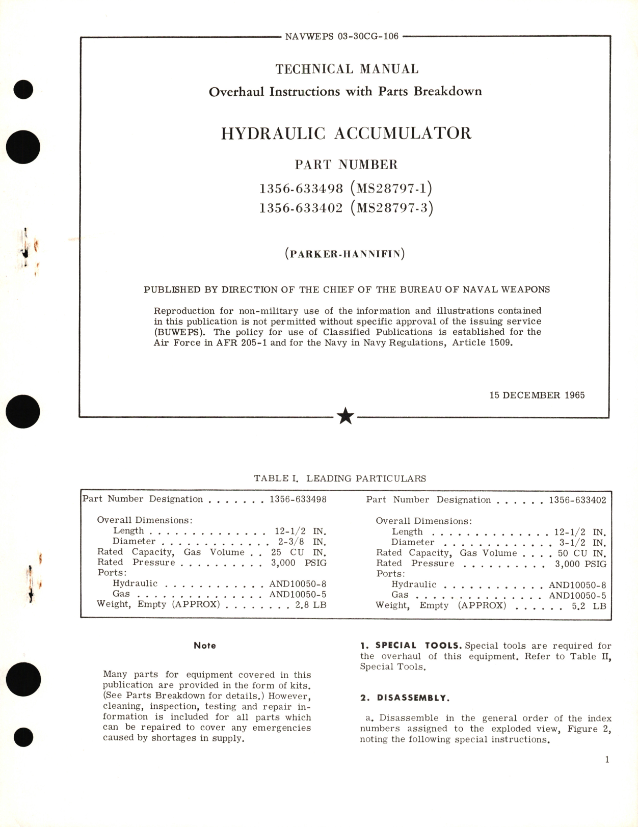 Sample page 1 from AirCorps Library document: Overhaul Instructions with Parts Breakdown for Hydraulic Accumulator Part No. 1356 