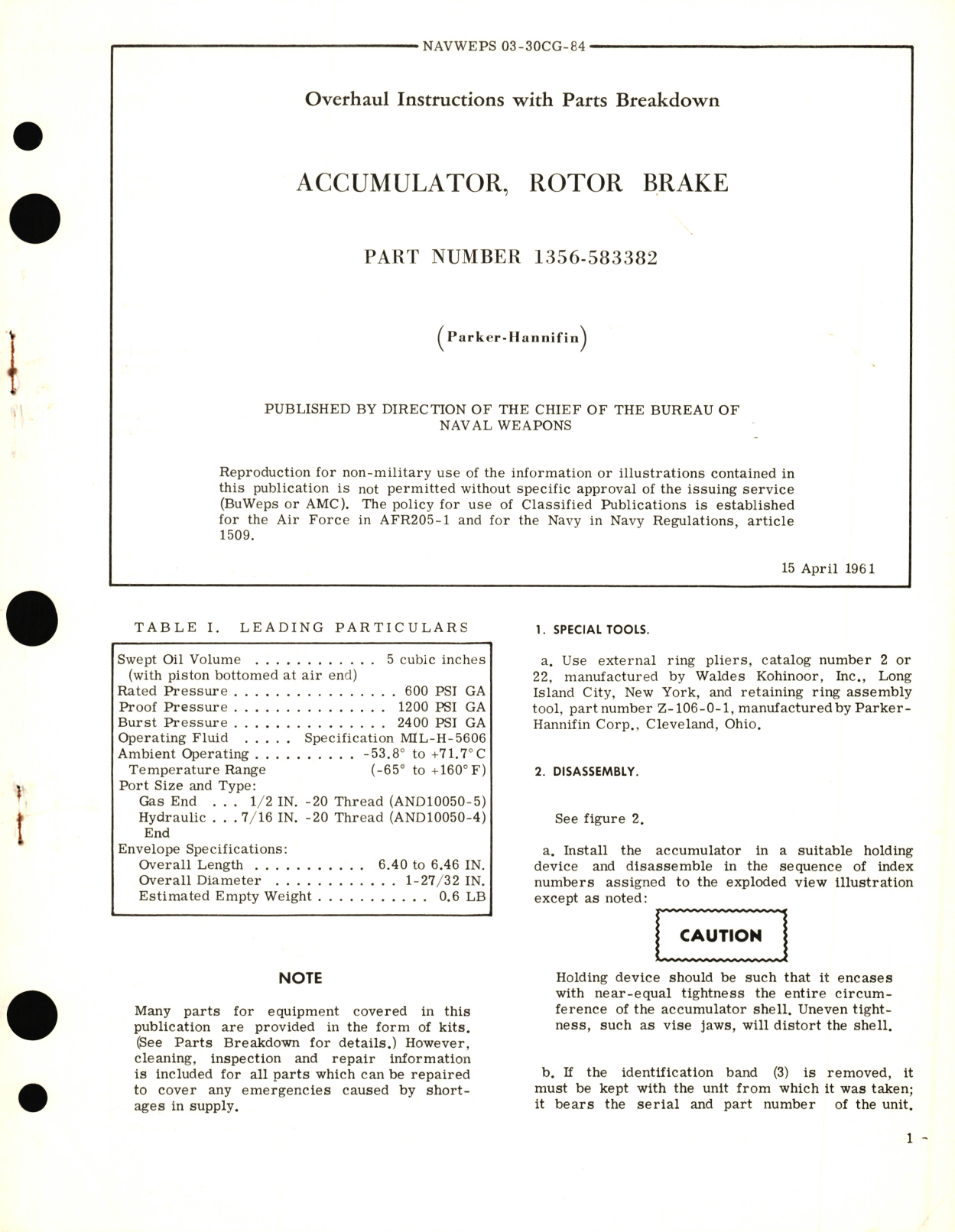 Sample page 1 from AirCorps Library document: Overhaul Instructions with Parts Breakdown for Accumulator, Rotor Brake Part No. 1356-583382