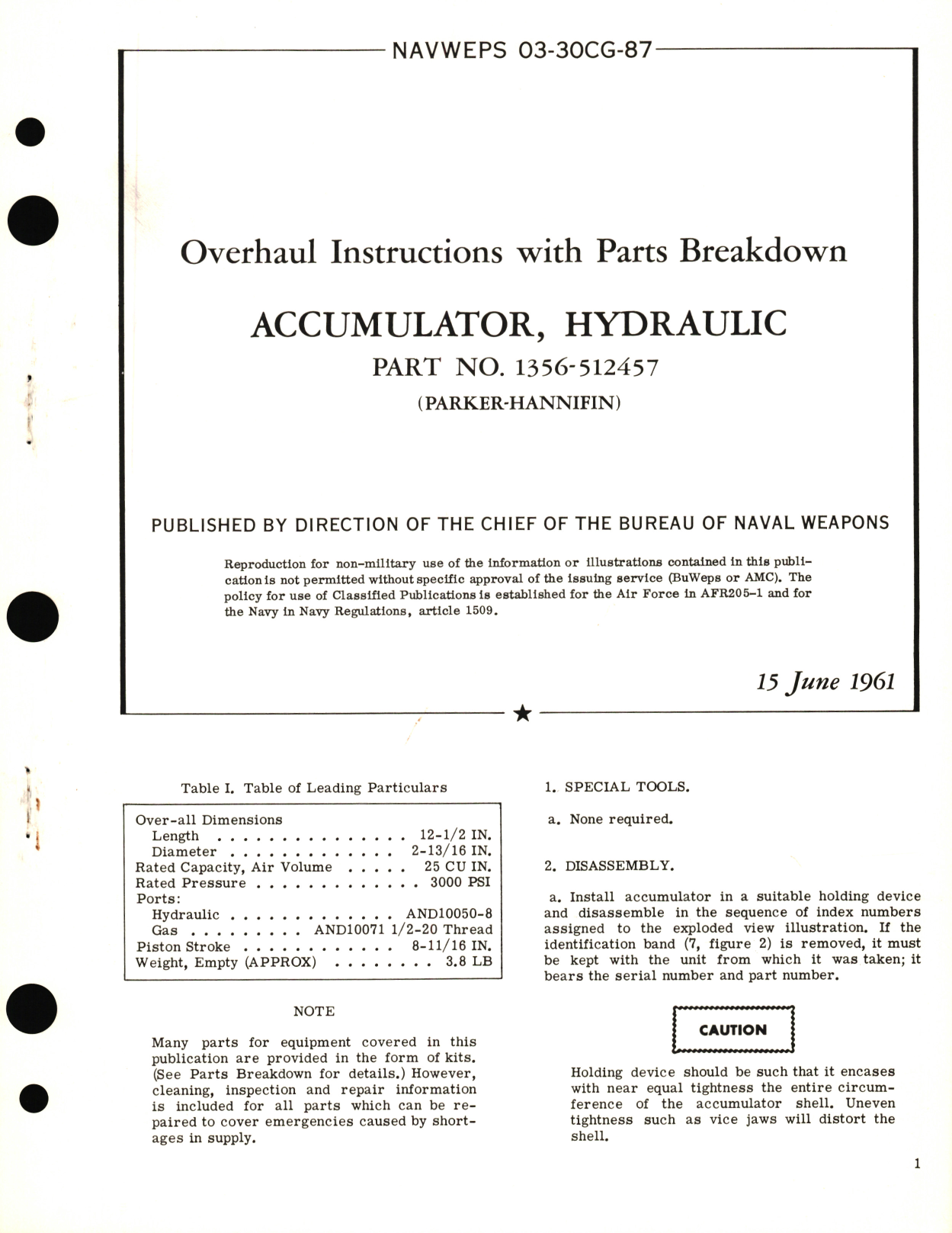 Sample page 1 from AirCorps Library document: Overhaul Instructions with Parts Breakdown for Accumulator, Hydraulic Part No. 1356-512457