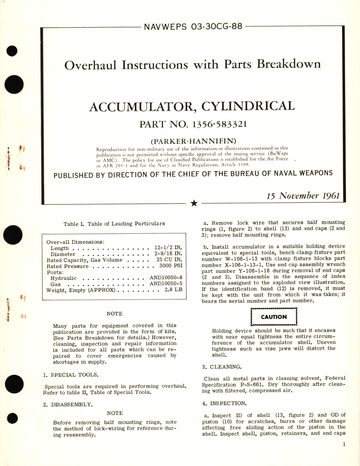 Sample page 1 from AirCorps Library document: Overhaul Instructions with Parts Breakdown for Accumulator, Cylindrical Part No. 1356-583321