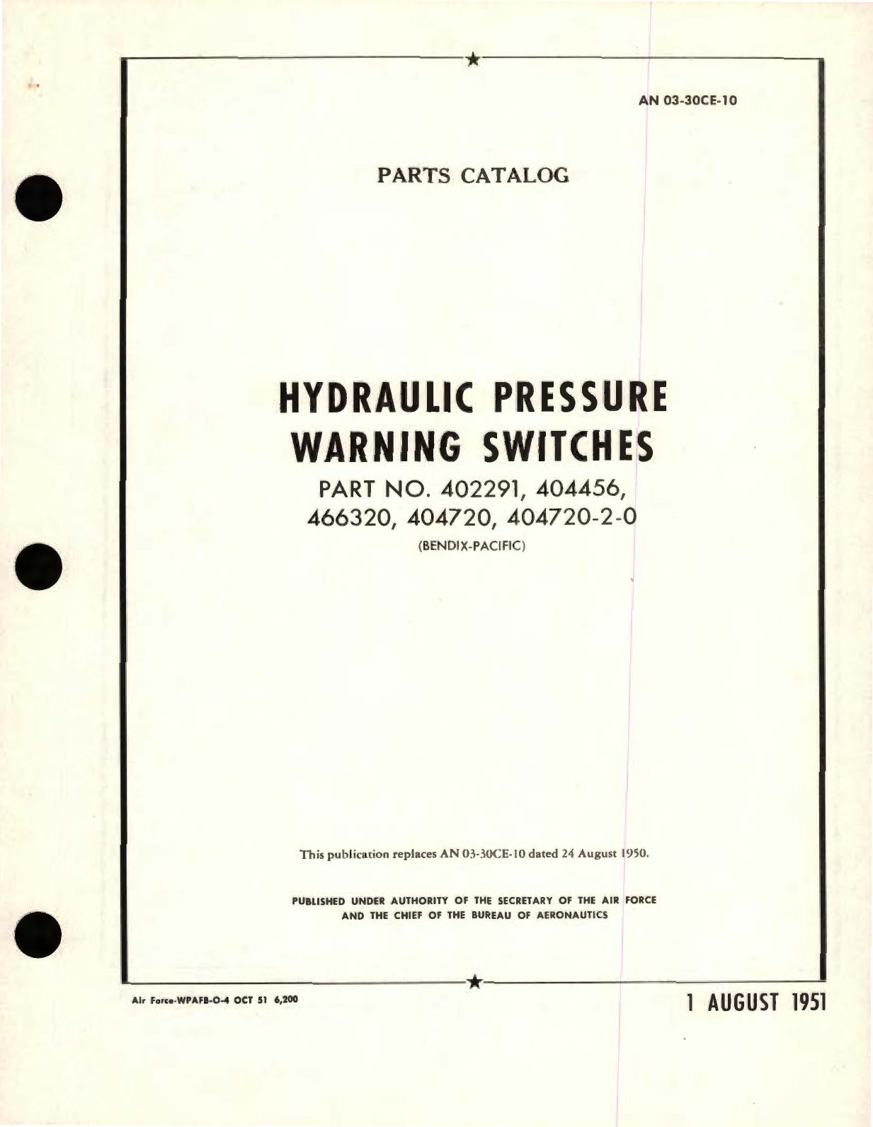 Sample page 1 from AirCorps Library document: Parts Catalog for Hydraulic Pressure Warning Switches Part No. 402291, 404456, 466320, 404720 