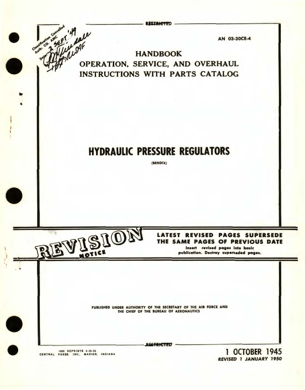 Sample page 1 from AirCorps Library document: Operation , Service, and Overhaul Instructions with Parts Catalog for Hydraulic Pressure Regulators 403470, 403722, 404906, 405300