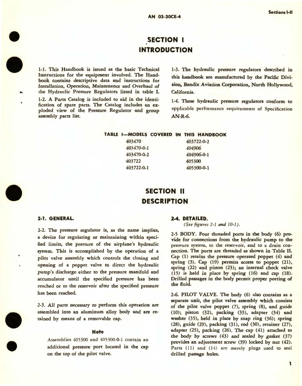 Sample page 5 from AirCorps Library document: Operation , Service, and Overhaul Instructions with Parts Catalog for Hydraulic Pressure Regulators 403470, 403722, 404906, 405300