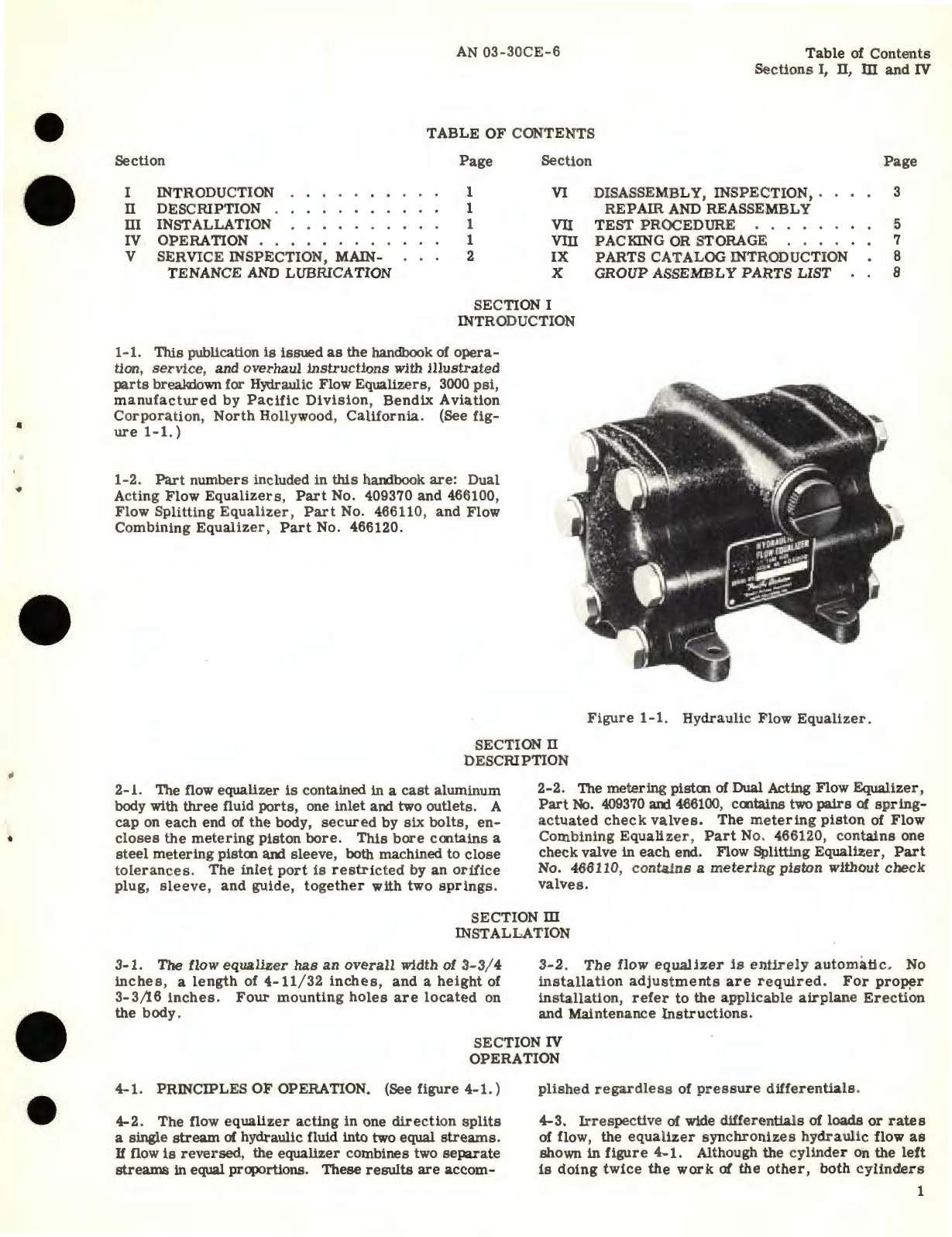 Sample page 3 from AirCorps Library document: Operation, Service & Overhaul Instructions with Illustrated Parts Breakdown for Hydraulic Flow Equalizers (3000 PSI) Part No. 490370, 466100, 466110, and 466120