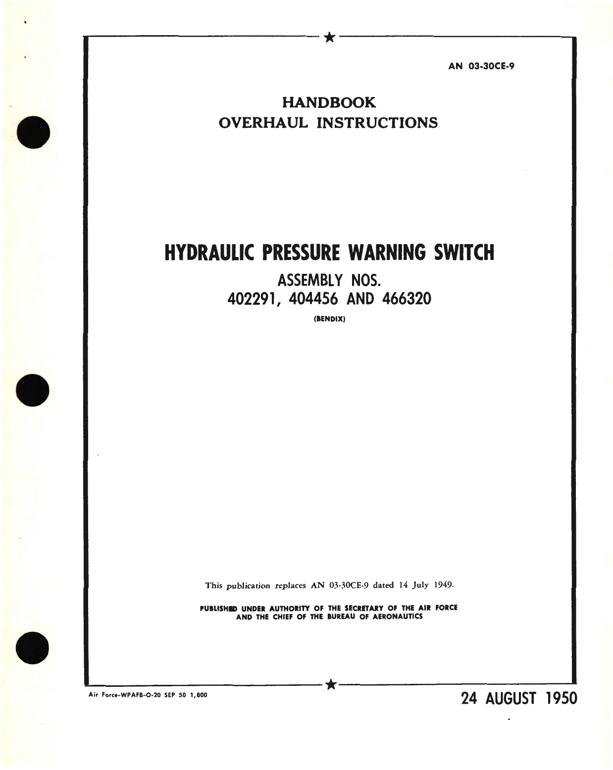 Sample page 1 from AirCorps Library document: Overhaul Instructions for Hydraulic Pressure Warning Switch Assembly No. 402291, 404456, and 466320 