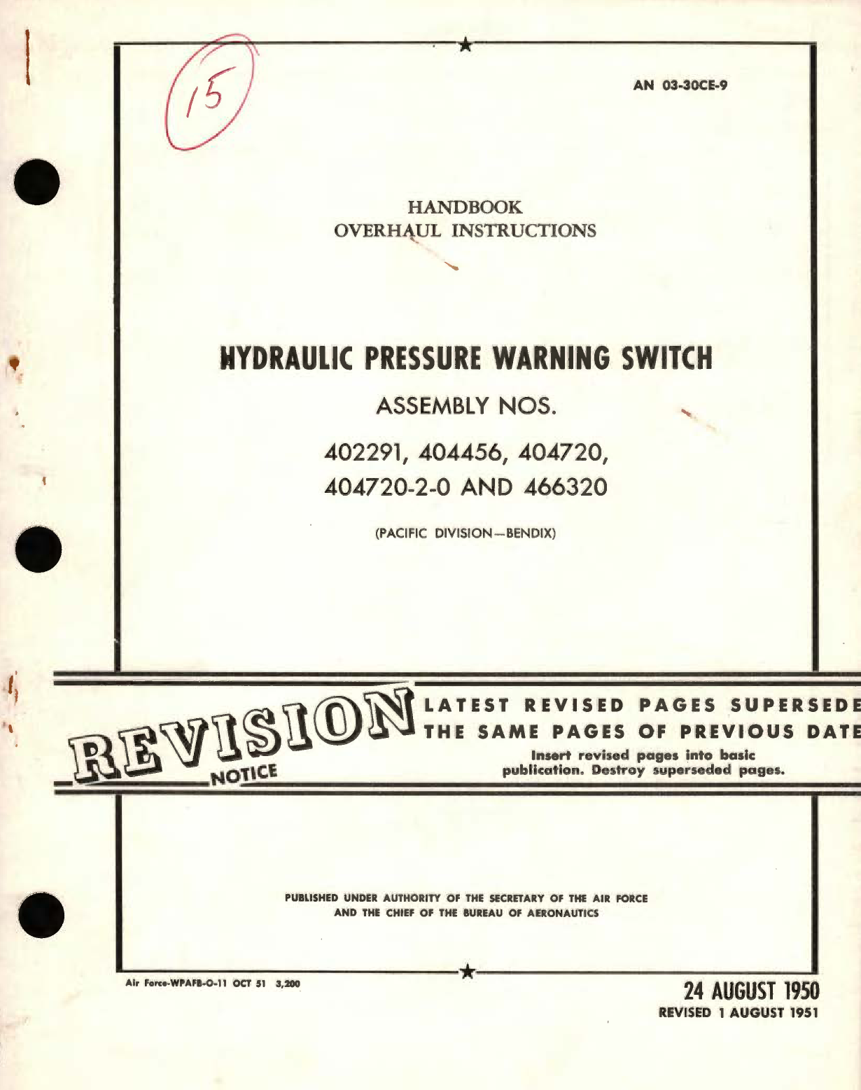 Sample page 1 from AirCorps Library document: Overhaul Instructions for Hydraulic Pressure Warning Switch Assembly No. 492291, 404456, 404720, and 466320 