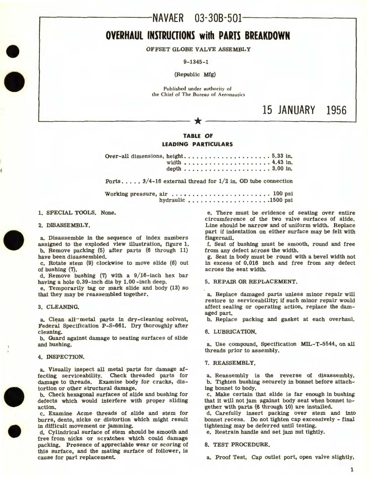 Sample page 1 from AirCorps Library document: Overhaul Instructions with Parts Breakdown for Offset Globe Valve Assembly Part No. 9-1345-1 