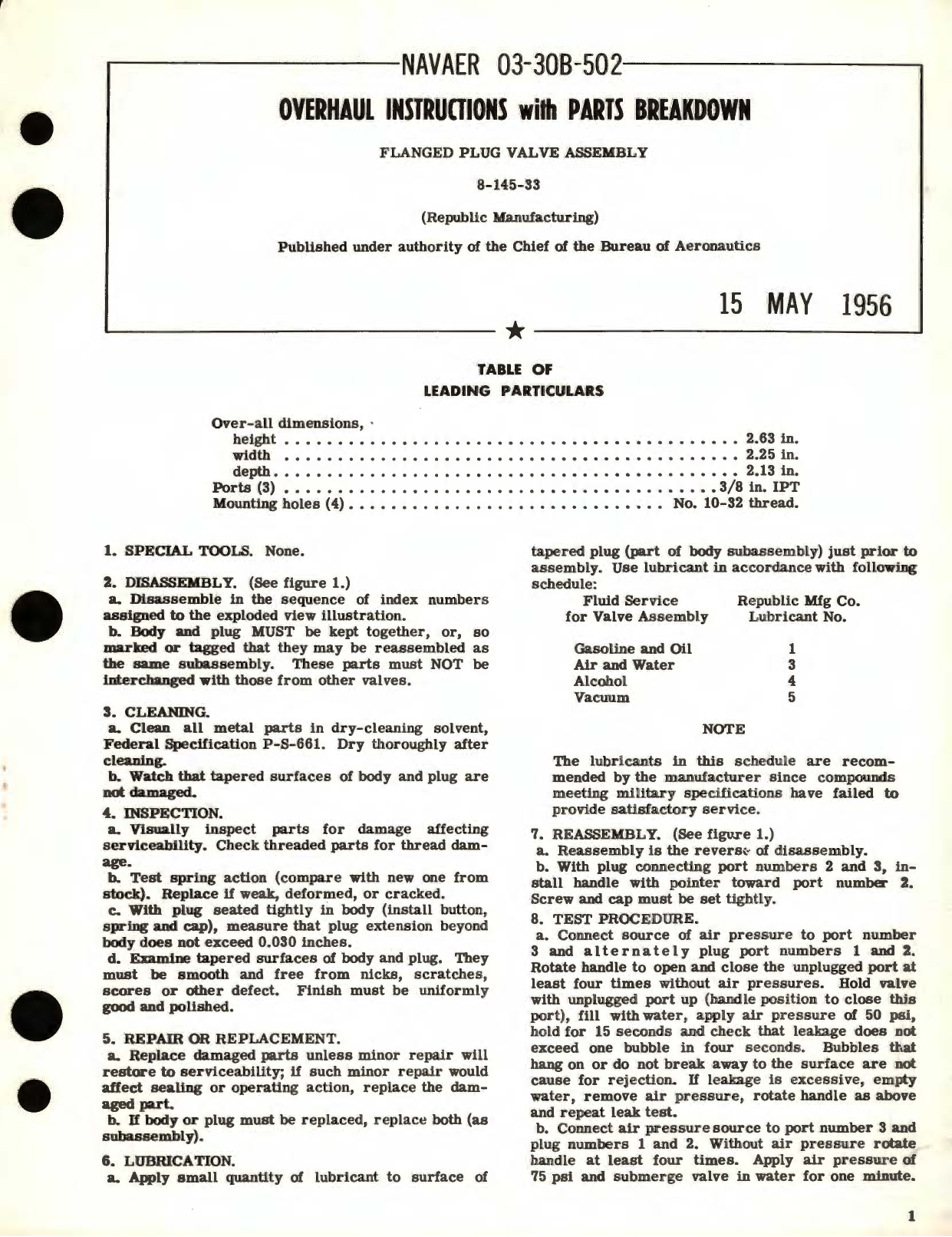 Sample page 1 from AirCorps Library document: Overhaul Instructions with Parts Breakdown for Flanged Plug Valve Assembly Part No. 8-145-33 