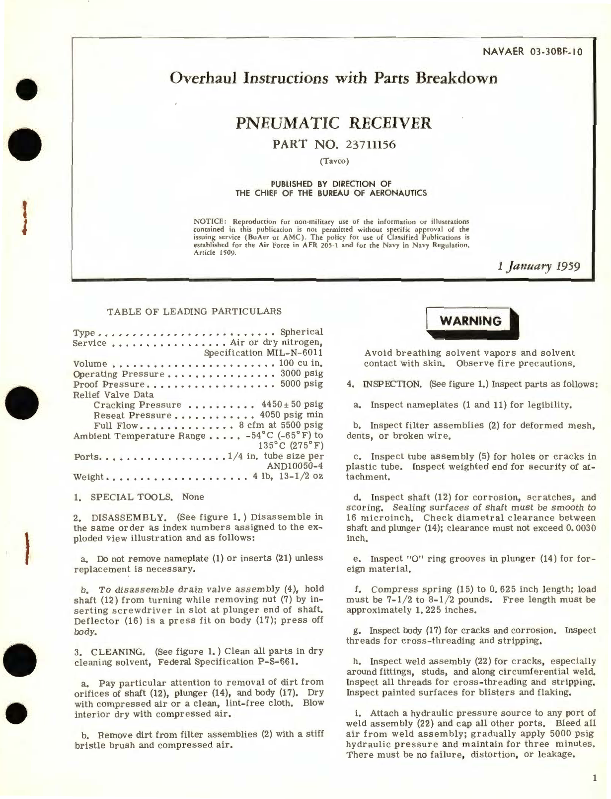 Sample page 1 from AirCorps Library document: Overhaul Instructions with Parts Breakdown Pneumatic Receiver Part No. 23711156