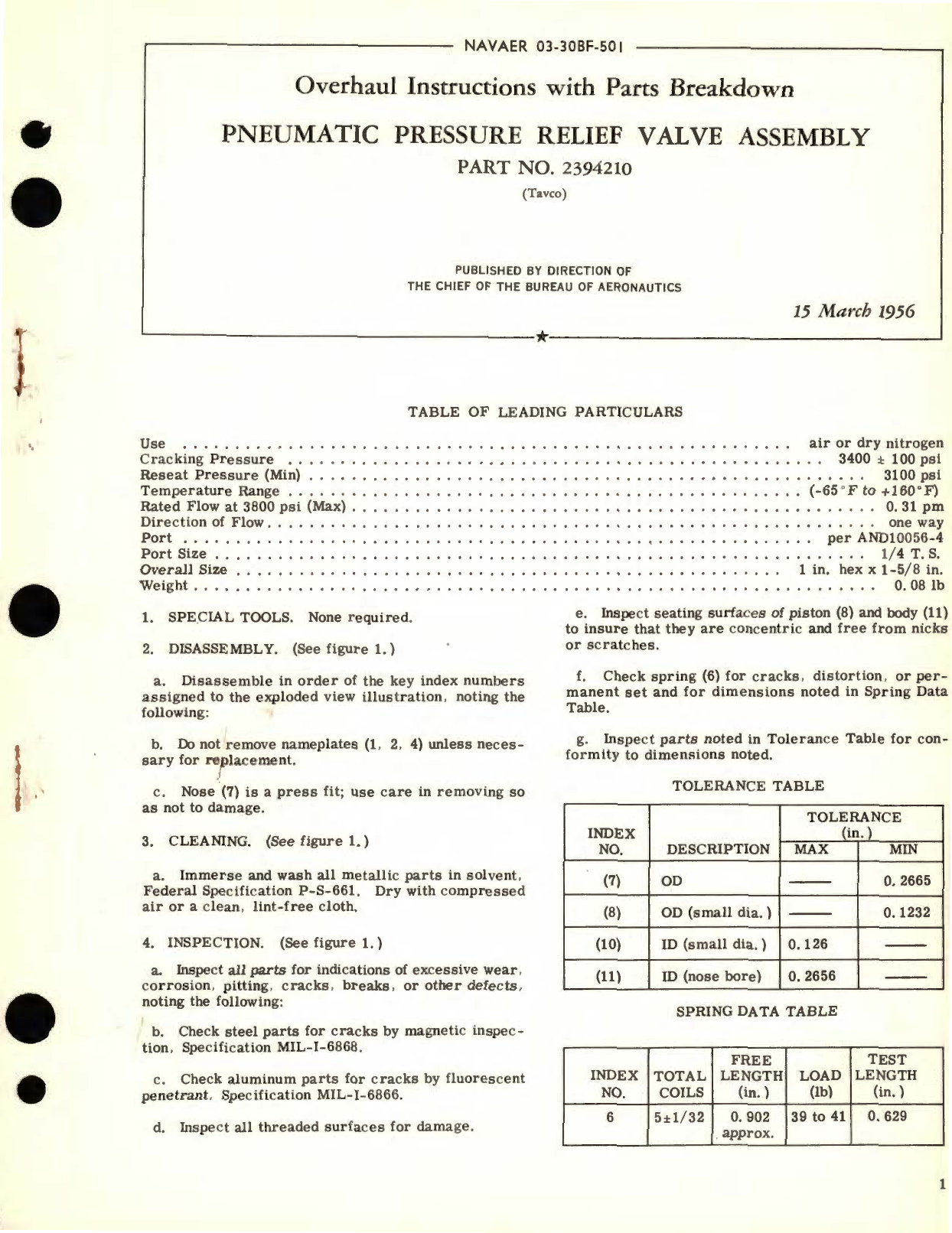 Sample page 1 from AirCorps Library document: Overhaul Instructions with Parts Breakdown for Pneumatic Pressure Relief Valve Assembly Part No. 2394210 