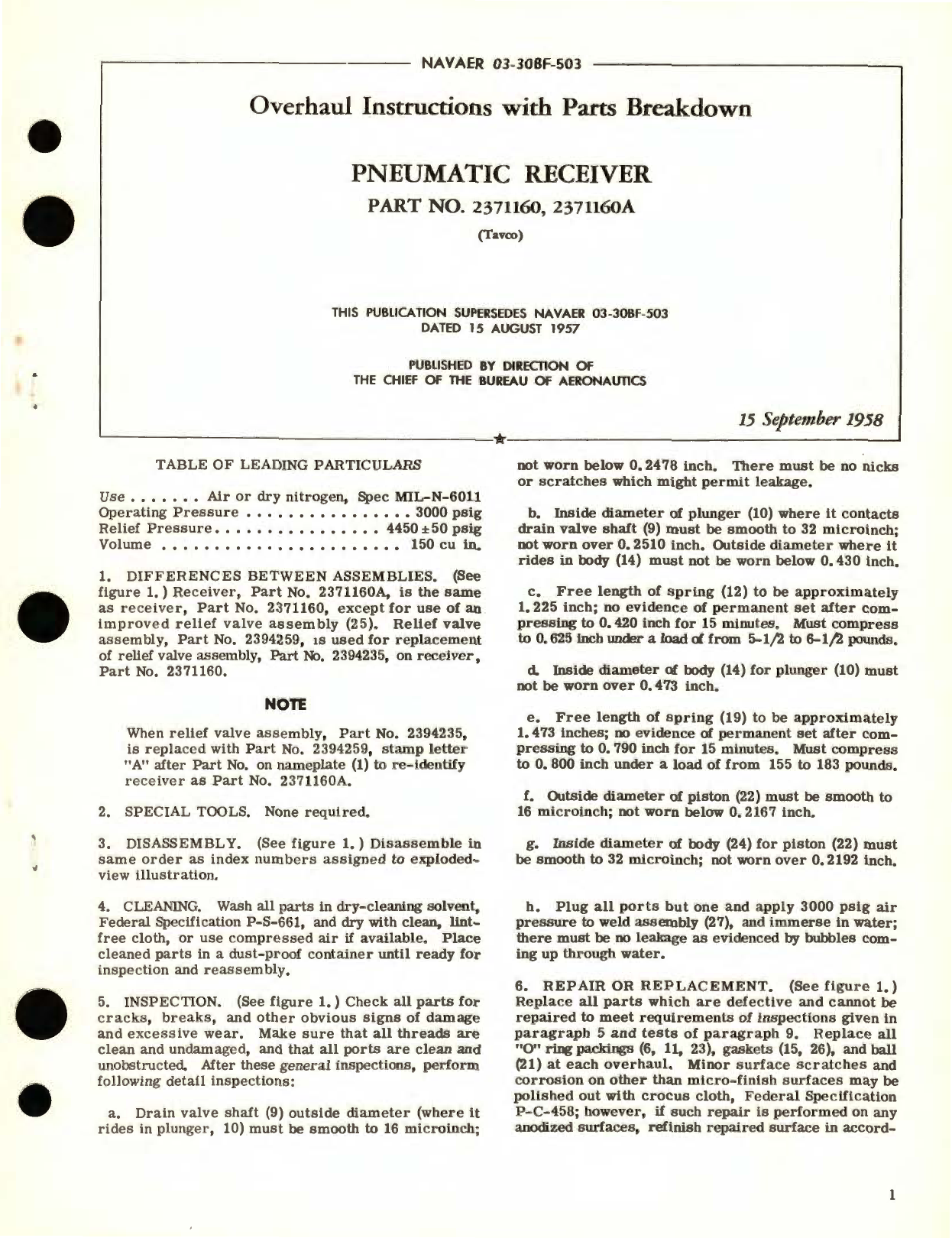 Sample page 1 from AirCorps Library document: Overhaul Instructions with Parts Breakdown for Pneumatic Receiver Part No. 2371160