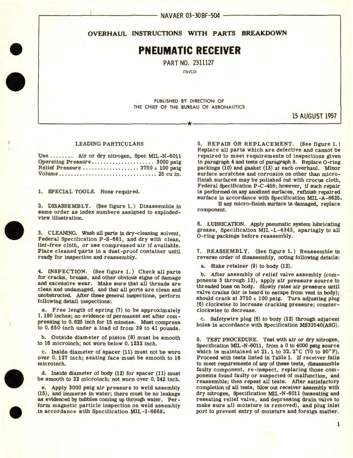 Sample page 1 from AirCorps Library document: Overhaul Instructions with Parts Breakdown for Pneumatic Receiver Part No. 2311127 