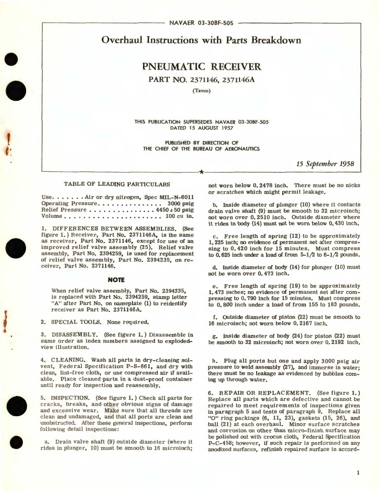 Sample page 1 from AirCorps Library document: Overhaul Instructions with Parts Breakdown for Pneumatic Receiver Part No. 2371146 