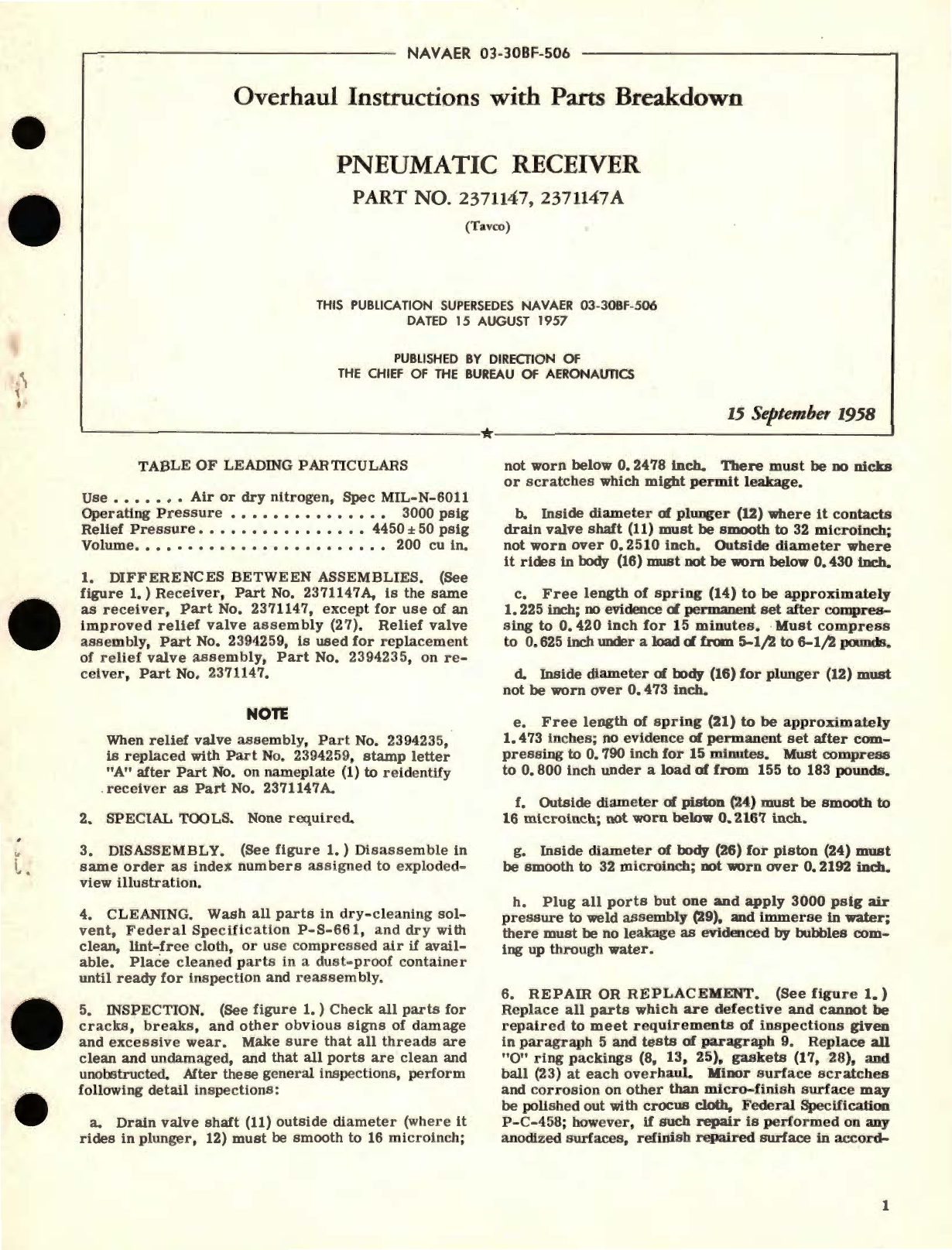 Sample page 1 from AirCorps Library document: Overhaul Instructions with Parts Breakdown for Pneumatic Receiver Part No. 2371147