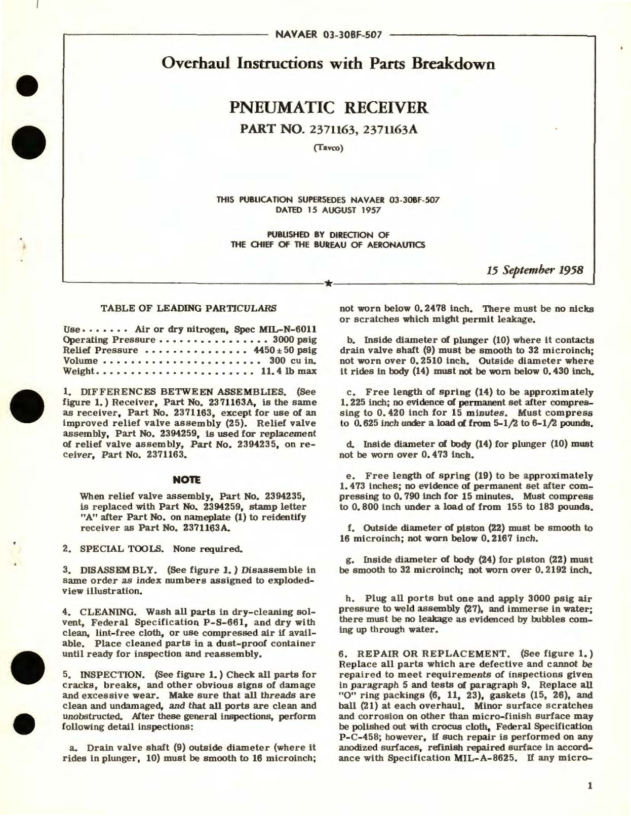 Sample page 1 from AirCorps Library document: Overhaul Instructions with Parts Breakdown for Pneumatic Receiver Part No. 2371163 