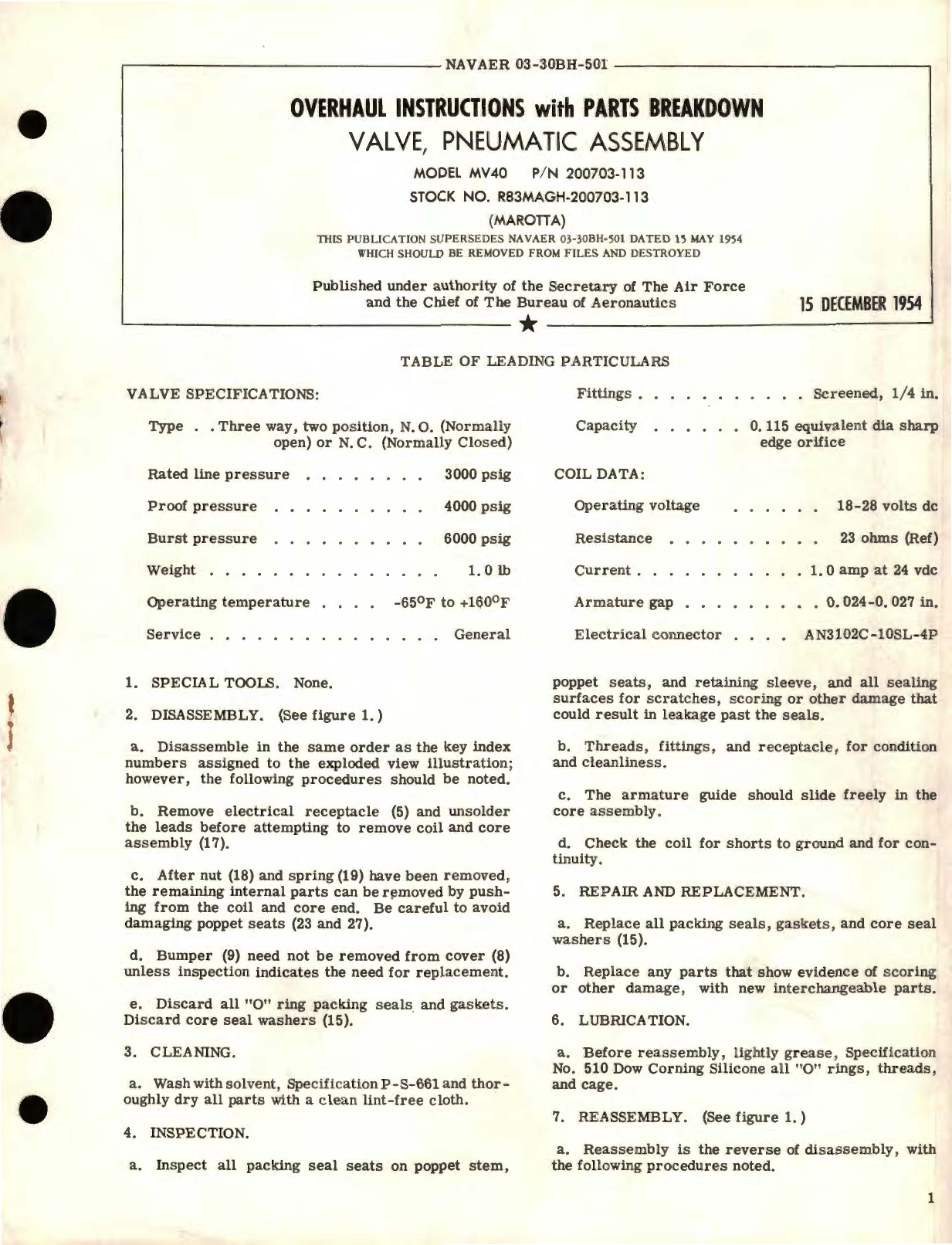 Sample page 1 from AirCorps Library document: Overhaul Instructions with Parts Breakdown for Valve, Pneumatic Assembly Model MV40 Parts No. 200703-113