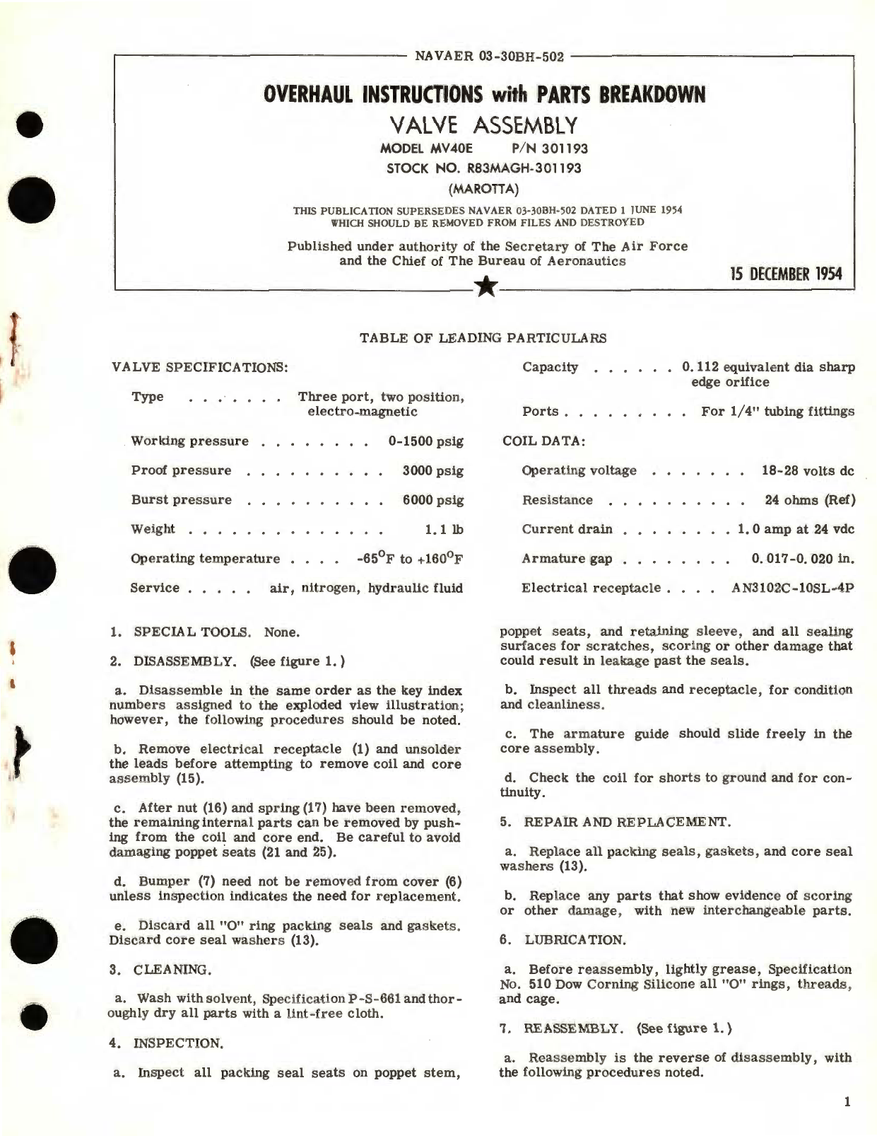 Sample page 1 from AirCorps Library document: Overhaul Instructions with Parts Breakdown for Valve Assembly Model MV40E Part No. 301193 