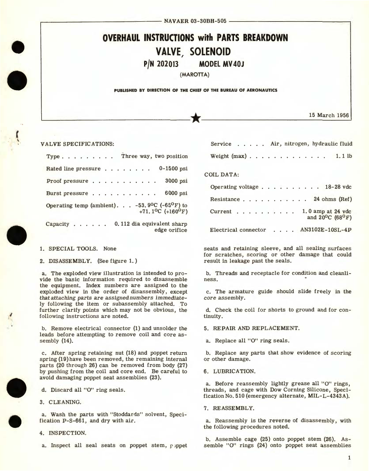 Sample page 1 from AirCorps Library document: Overhaul Instructions with Parts Breakdown for Valve, Solenoid Part No. 202013 Model MV 40J 