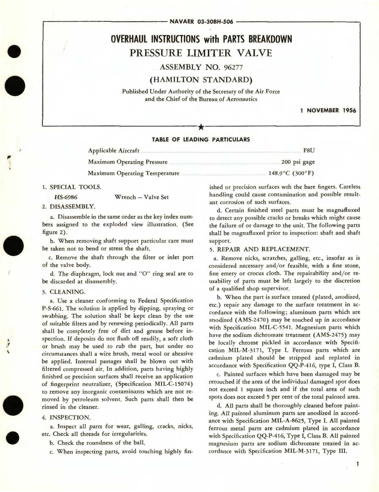 Sample page 1 from AirCorps Library document: Overhaul Instructions with Parts Breakdown for Pressure Limiter Valve Assembly No. 96277 