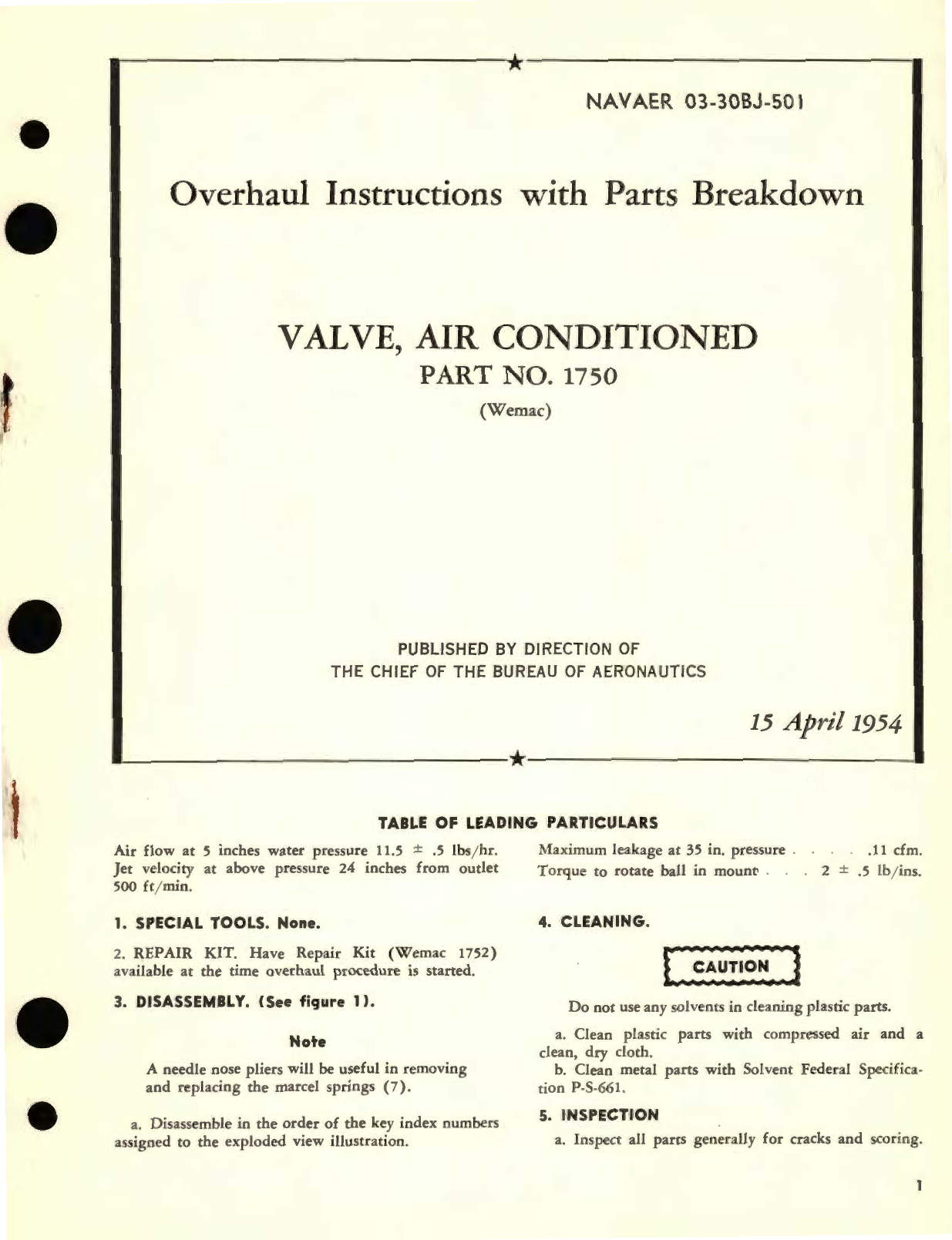 Sample page 1 from AirCorps Library document: Overhaul Instructions with Parts Breakdown for Valve, Air Conditioned Part No. 1750 