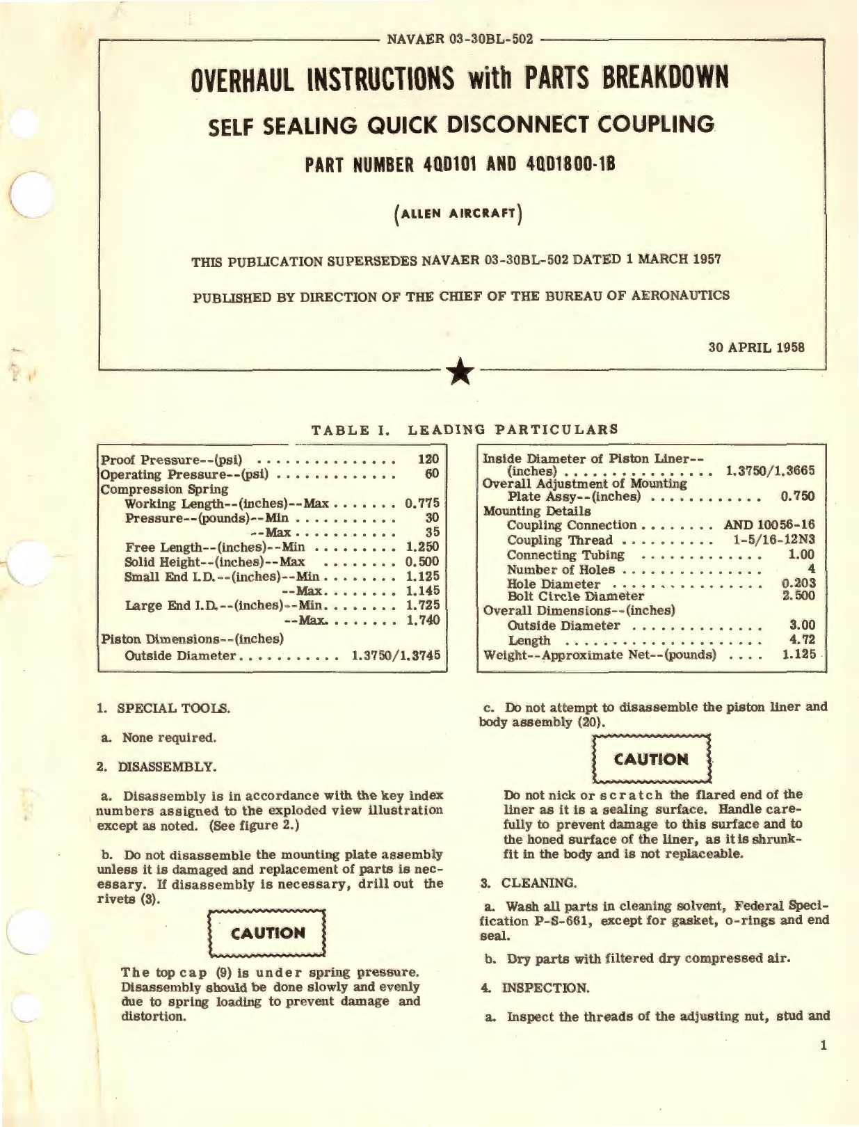 Sample page 1 from AirCorps Library document:  Overhaul Instructions with Parts Breakdown for Self-Sealing Quick Disconnect Coupling Part No. 4QD101 and 4QD1800-1B 