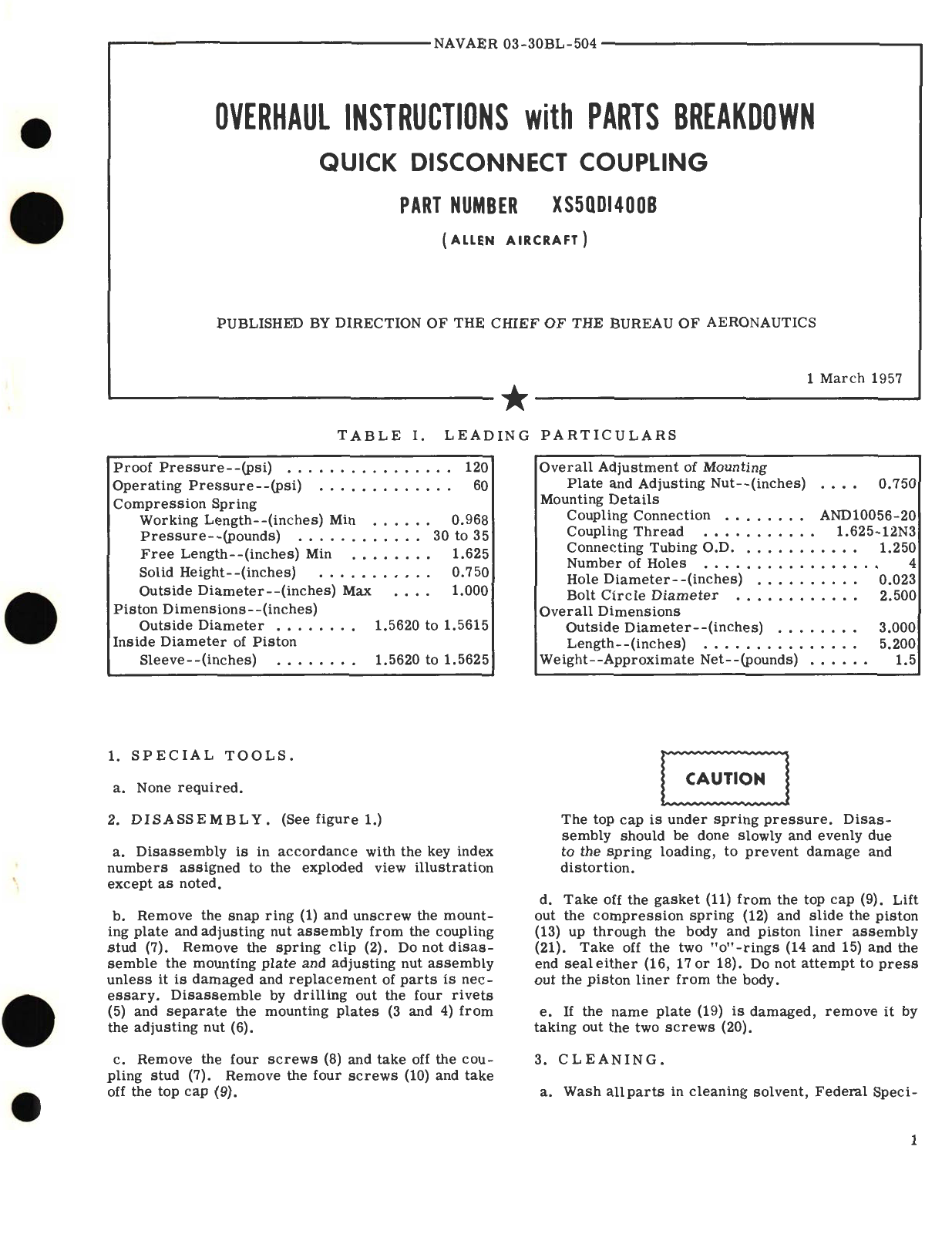 Sample page 1 from AirCorps Library document: Overhaul Instructions with Parts Breakdown for Quick Disconnect Coupling Part No. XS5QD1400B 