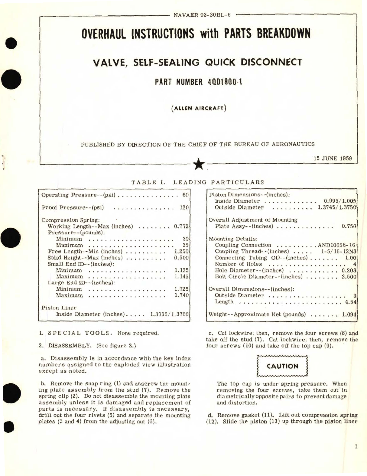 Sample page 1 from AirCorps Library document: Overhaul Instructions with Parts Breakdown for Valve, Self-Sealing Quick Disconnect Part No. 4QD1800-1 