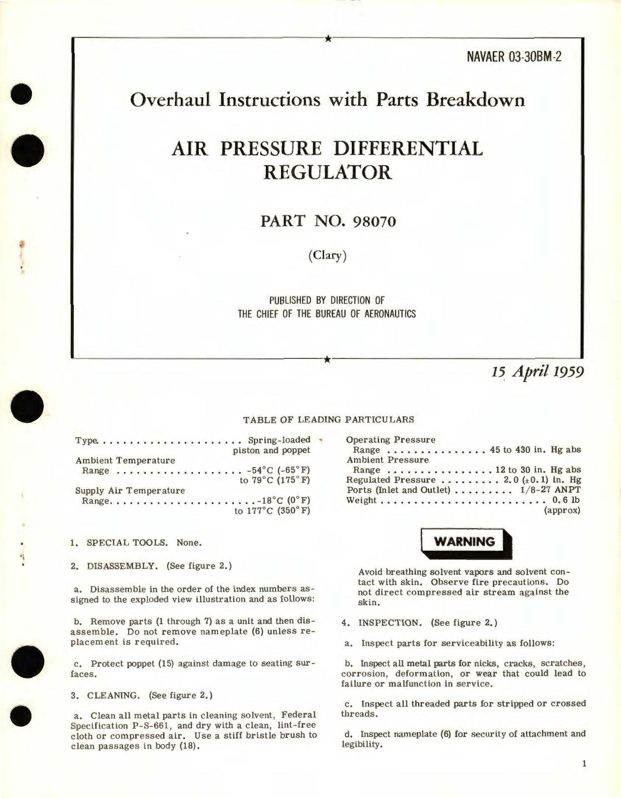 Sample page 1 from AirCorps Library document: Overhaul Instructions with Parts Breakdown for Air Pressure Differential Regulator Part No. 98070 