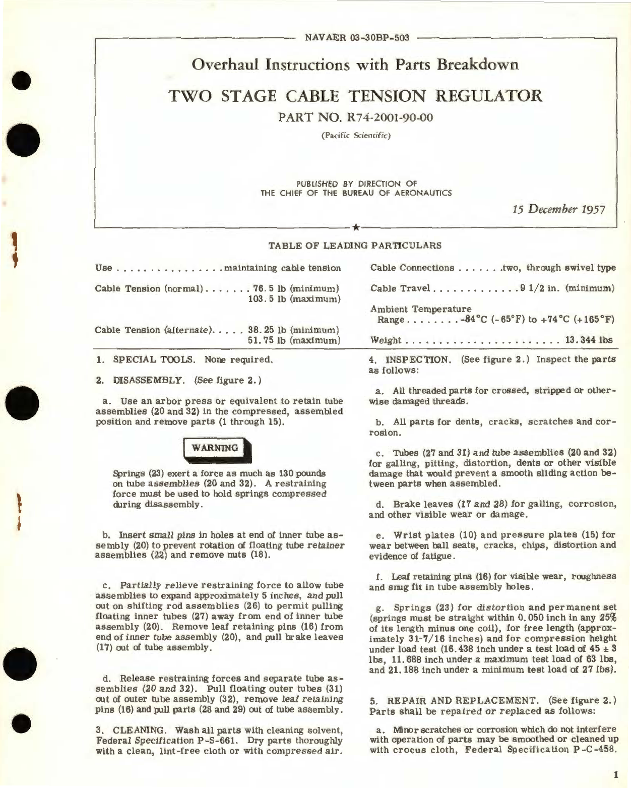 Sample page 1 from AirCorps Library document: Overhaul Instructions with Parts Breakdown for Two Stage Cable Tension Regulator Part No. R74-2001-90-00