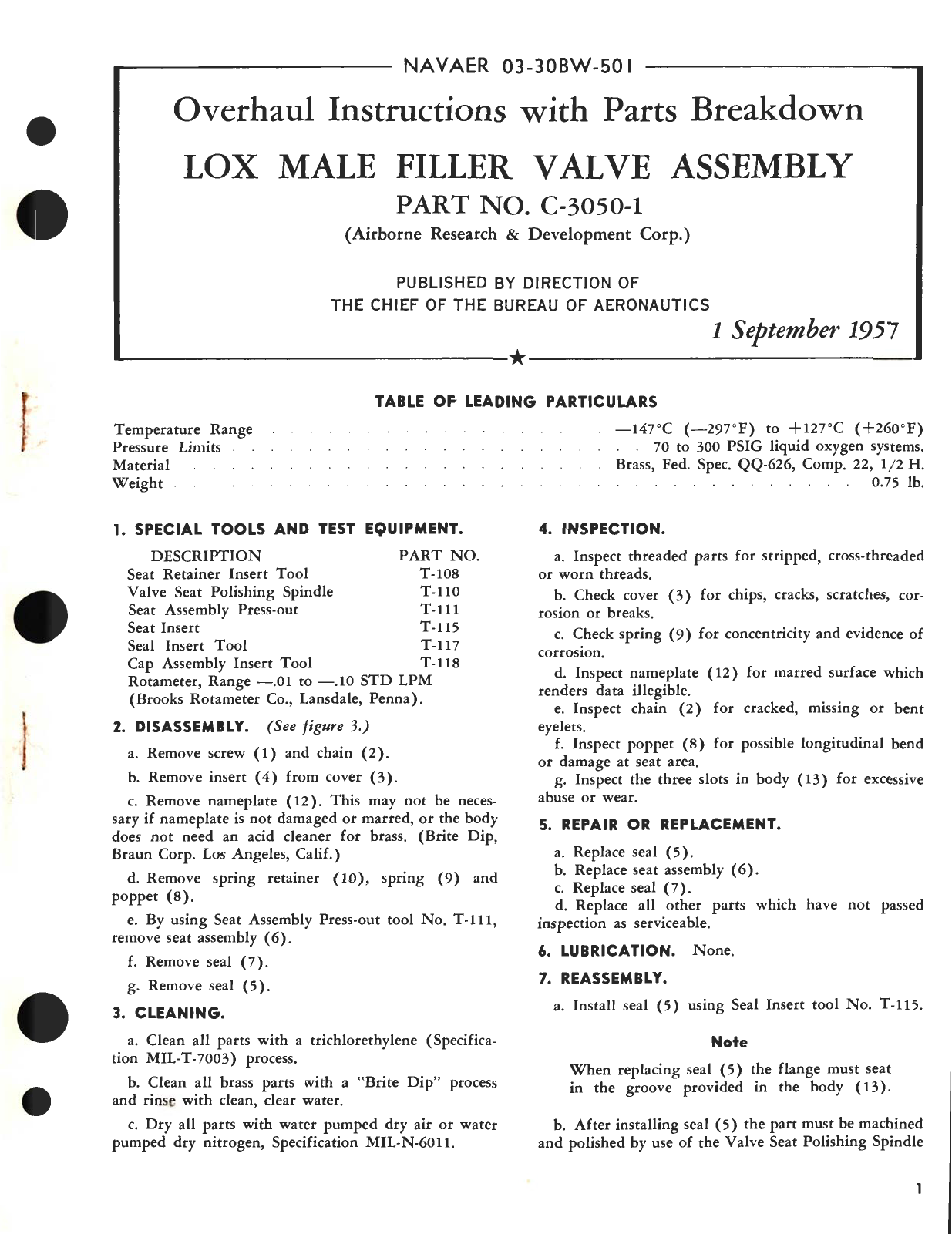 Sample page 1 from AirCorps Library document: Overhaul Instructions with Parts Breakdown for Lox Male Filler Valve Assembly Part No. C-3050-1