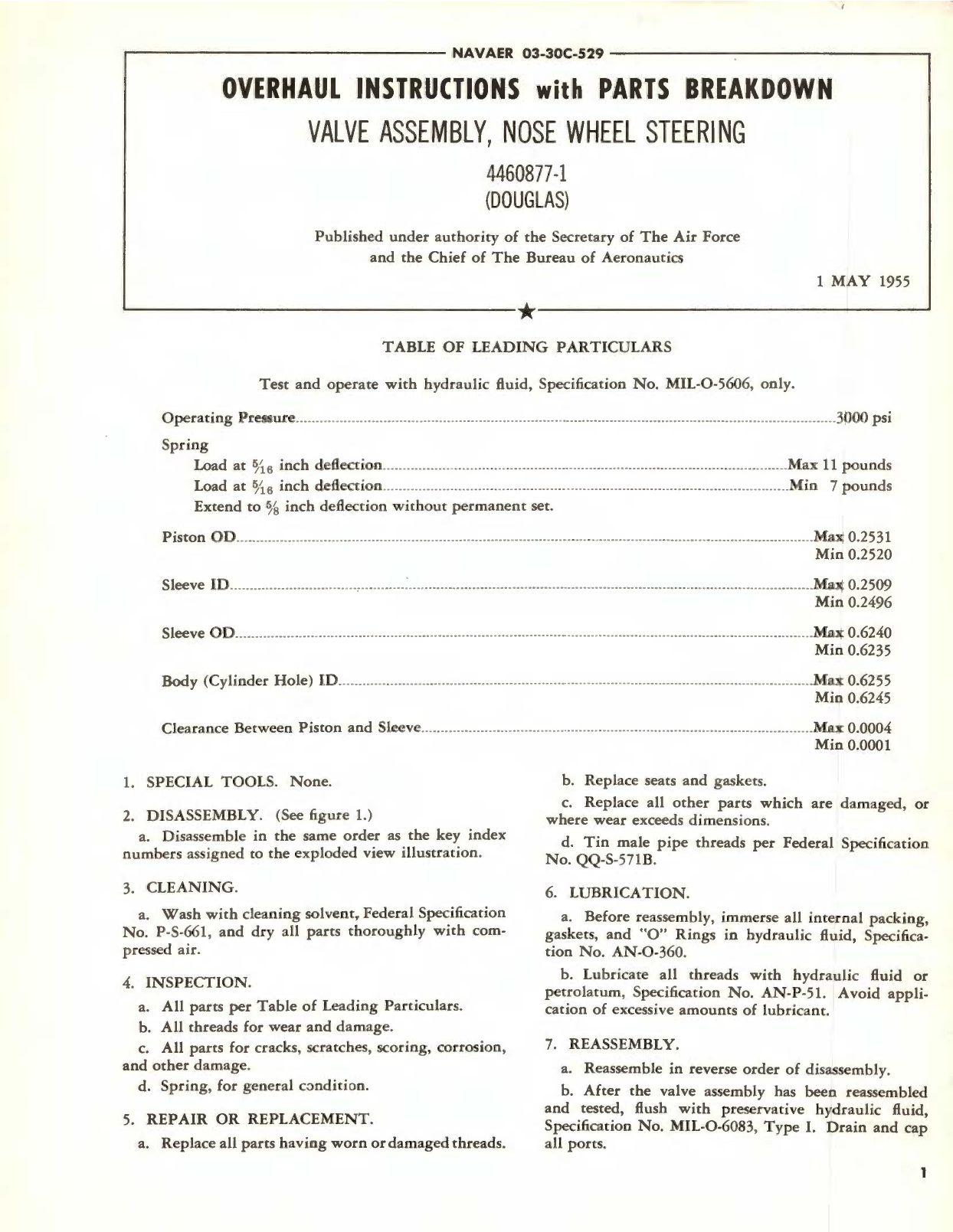 Sample page 1 from AirCorps Library document: Overhaul Instructions with Parts Catalog for Valve Assembly, Nose Wheel Steering 4460877-1 