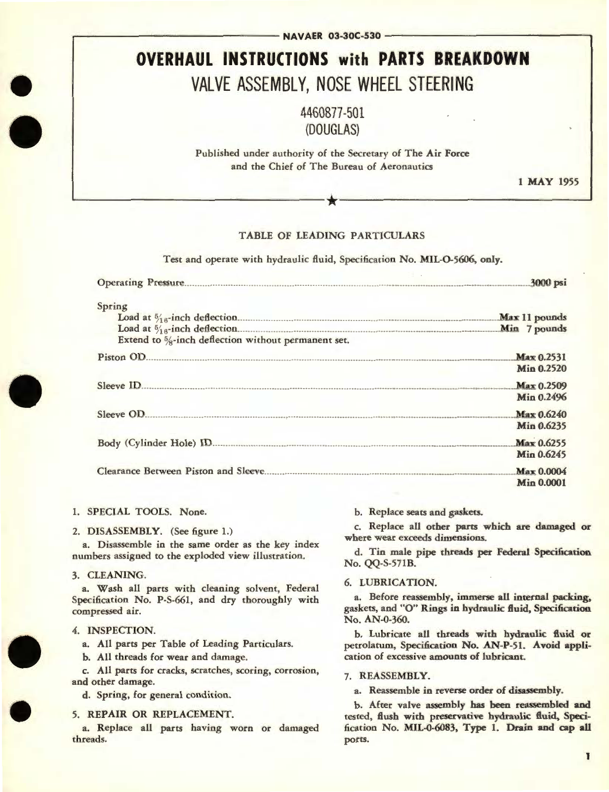 Sample page 1 from AirCorps Library document: Overhaul Instructions with Parts Breakdown for Valve Assembly, Nose Wheel Steering 4460877-501