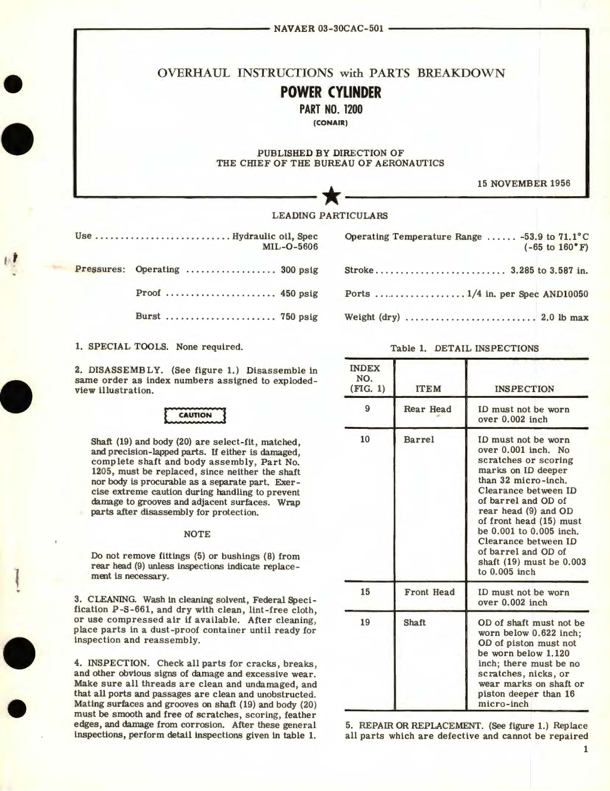 Sample page 1 from AirCorps Library document: Overhaul Instructions with Parts Breakdown for Power Cylinder Part No. 1200 