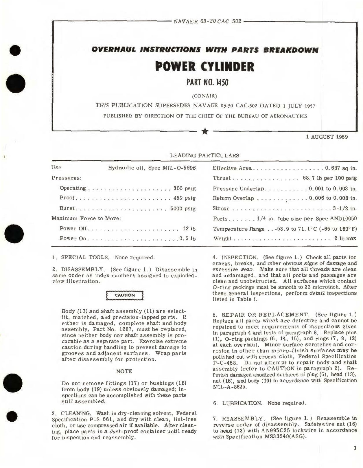 Sample page 1 from AirCorps Library document: Overhaul Instructions with Parts Breakdown Power Cylinder Part No. 1450 