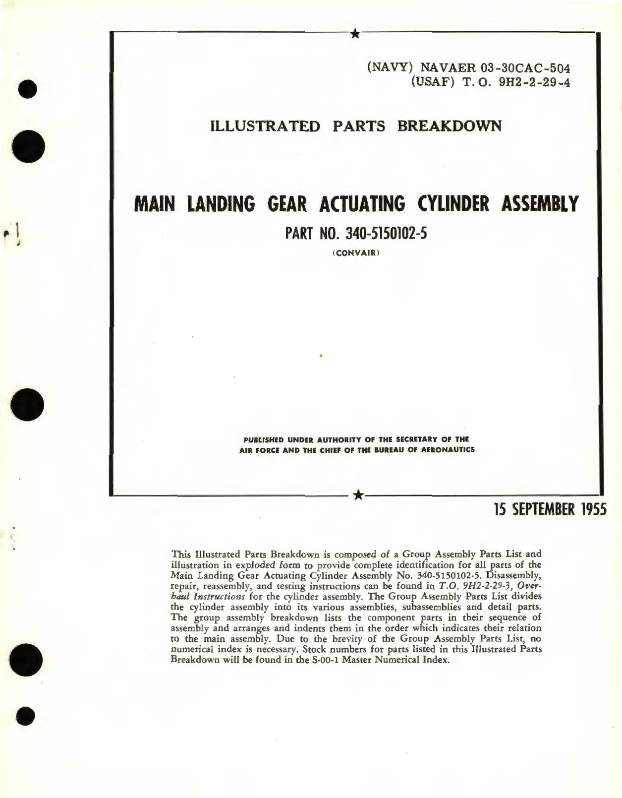 Sample page 1 from AirCorps Library document:  Illustrated Parts Breakdown for Main Landing Gear Actuating Cylinder Assembly Part No. 340-5150102-5