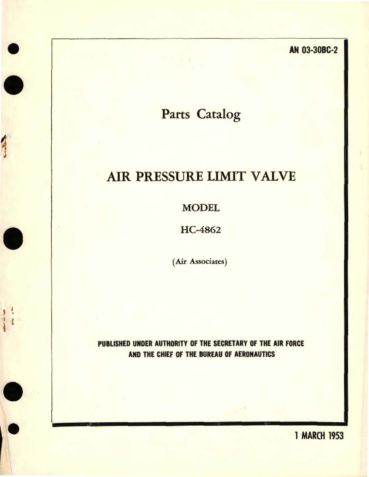 Sample page 1 from AirCorps Library document: Parts Catalog for Air Pressure Limit Valve Model HC-4862