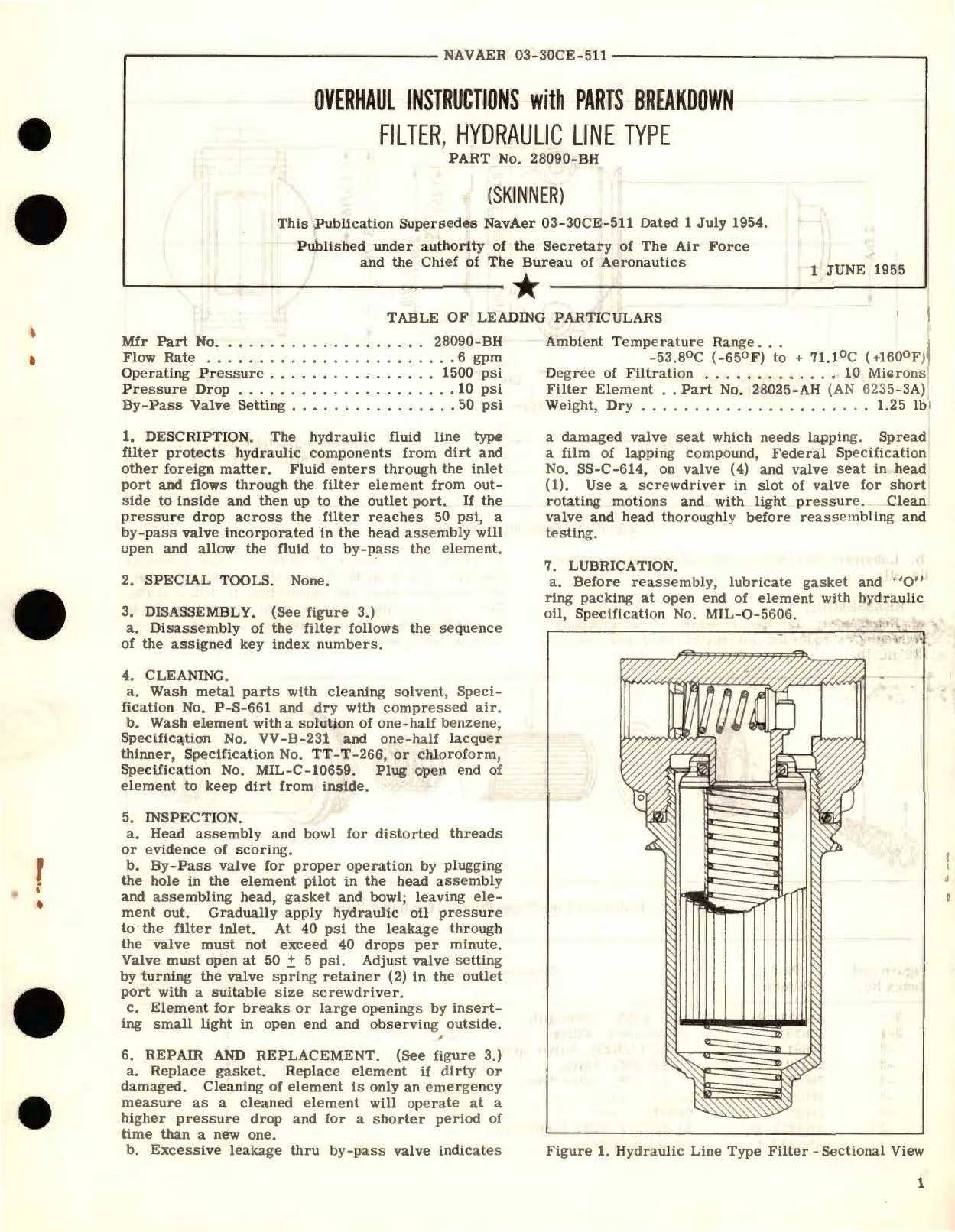 Sample page 1 from AirCorps Library document: Overhaul Instructions with Parts Breakdown for Filter, Hydraulic Line Type Part No 28090-BH 