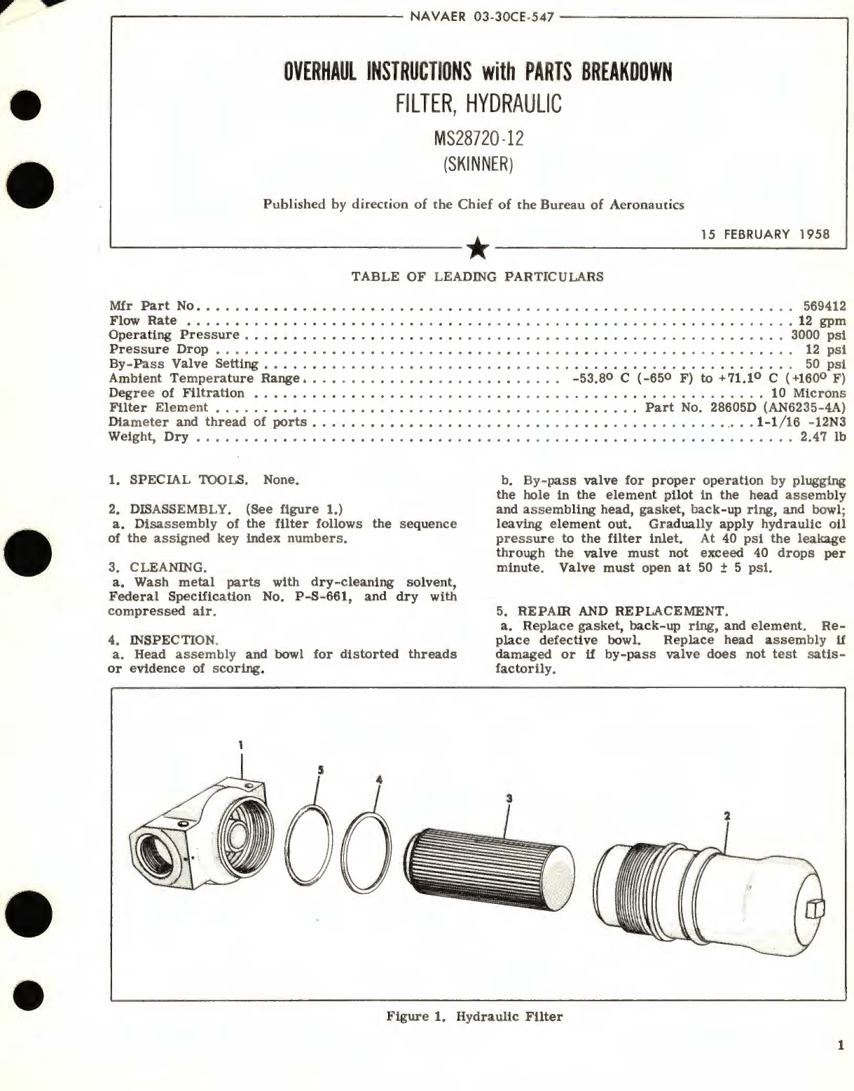 Sample page 1 from AirCorps Library document: Overhaul Instructions with Parts Breakdown for Filter, Hydraulic Part  No. MS28720-12 