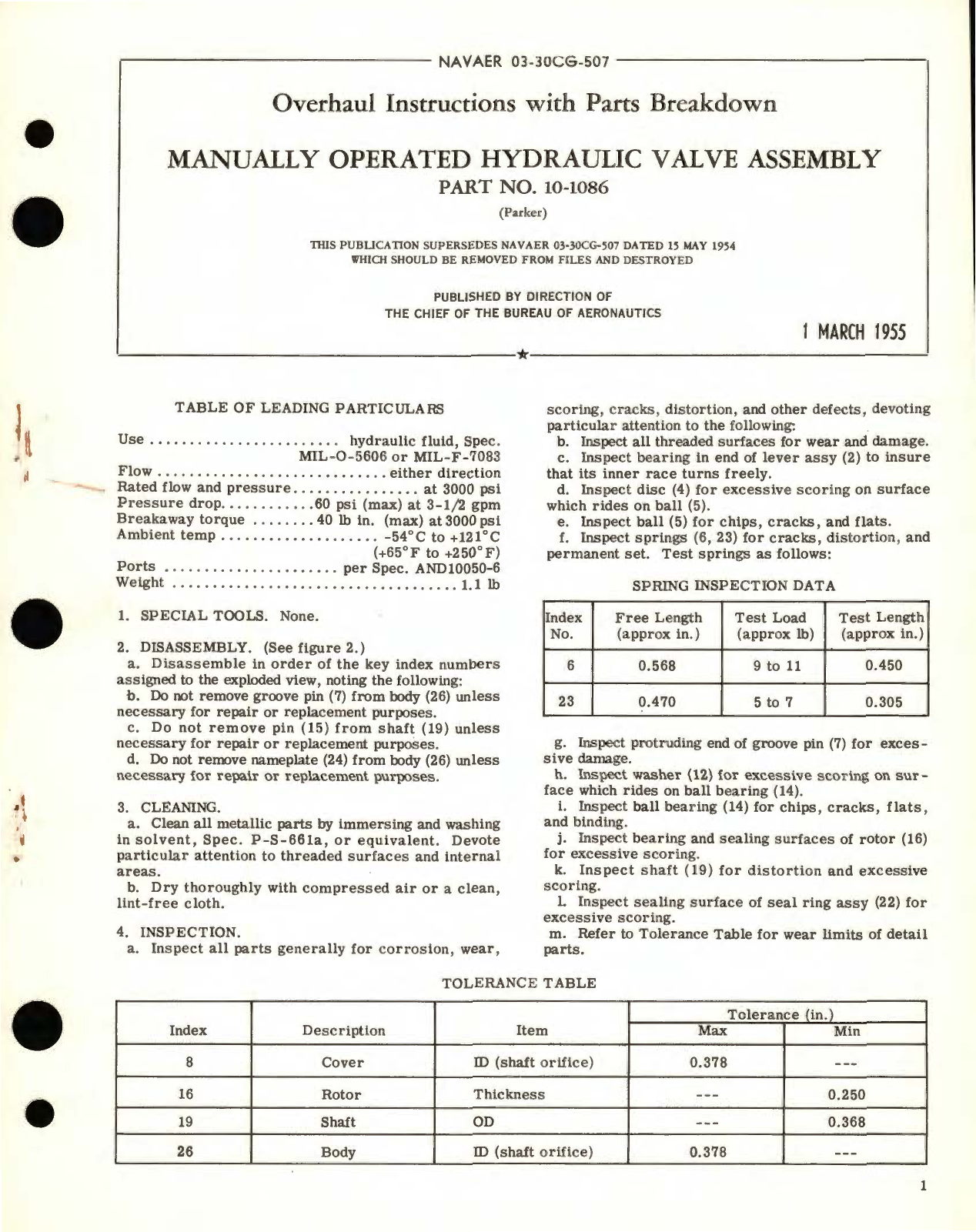 Sample page 1 from AirCorps Library document: Overhaul Instructions with Parts Breakdown for Manually Operated Hydraulic Valve Assembly Part No. 10-1086 