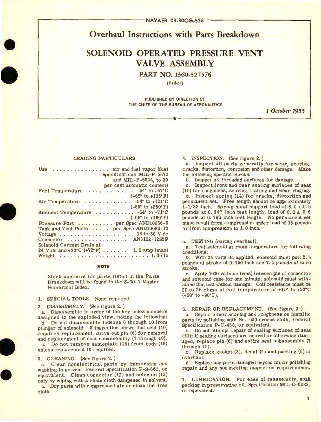 Sample page 1 from AirCorps Library document: Overhaul Instructions with Parts Breakdown for Solenoid Operated Pressure Vent Valve Assembly Part No. 1360-527576